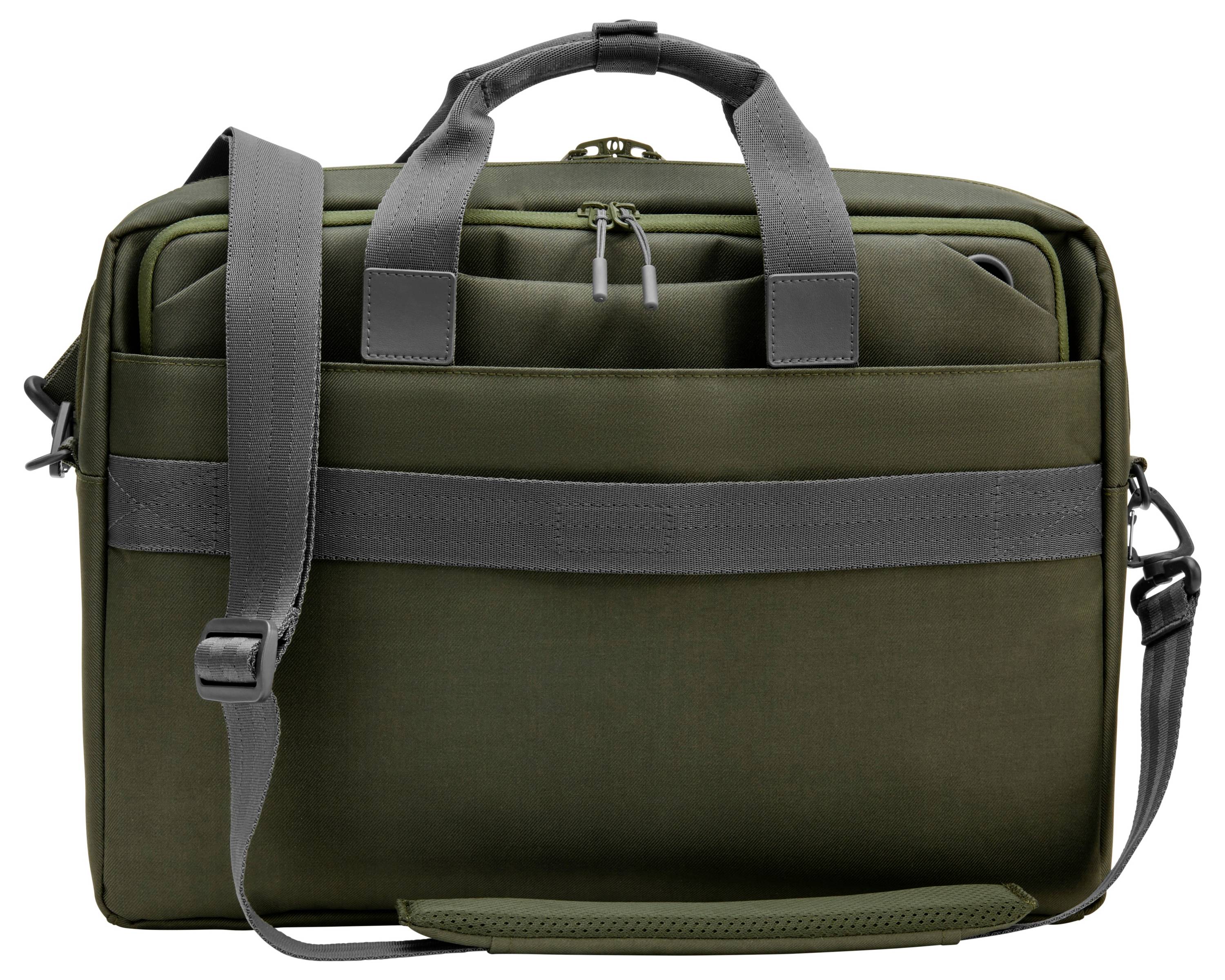 Zielona teczka z uchwytem do noszenia i regulowanym paskiem na ramię. Posiada kilka przegródek i zamek błyskawiczny u góry.