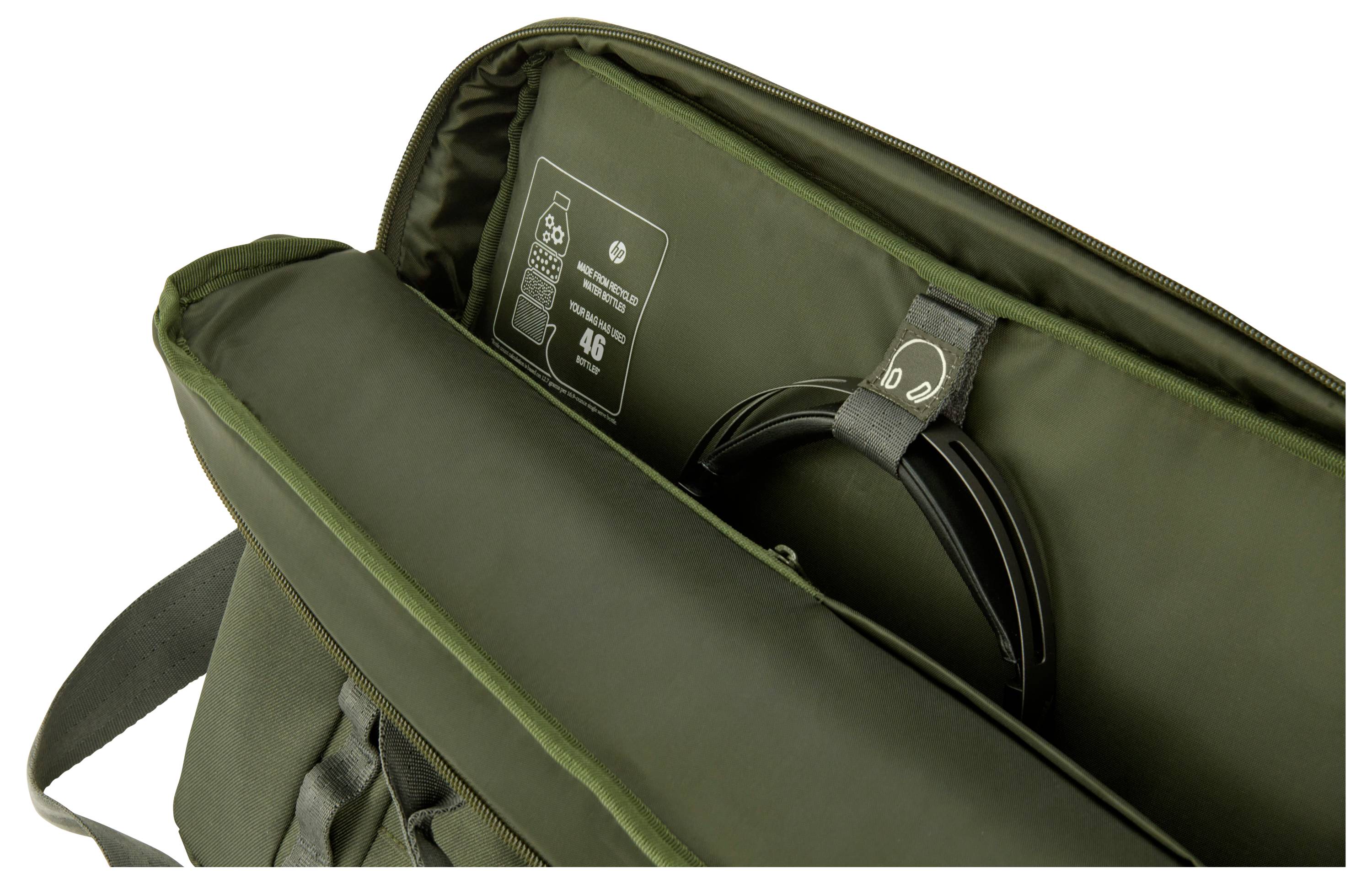 Otwarta zielona torba ujawnia wewnątrz ilustracje symbolu butelki oraz nadruk '46'. Przewód jest schowany.