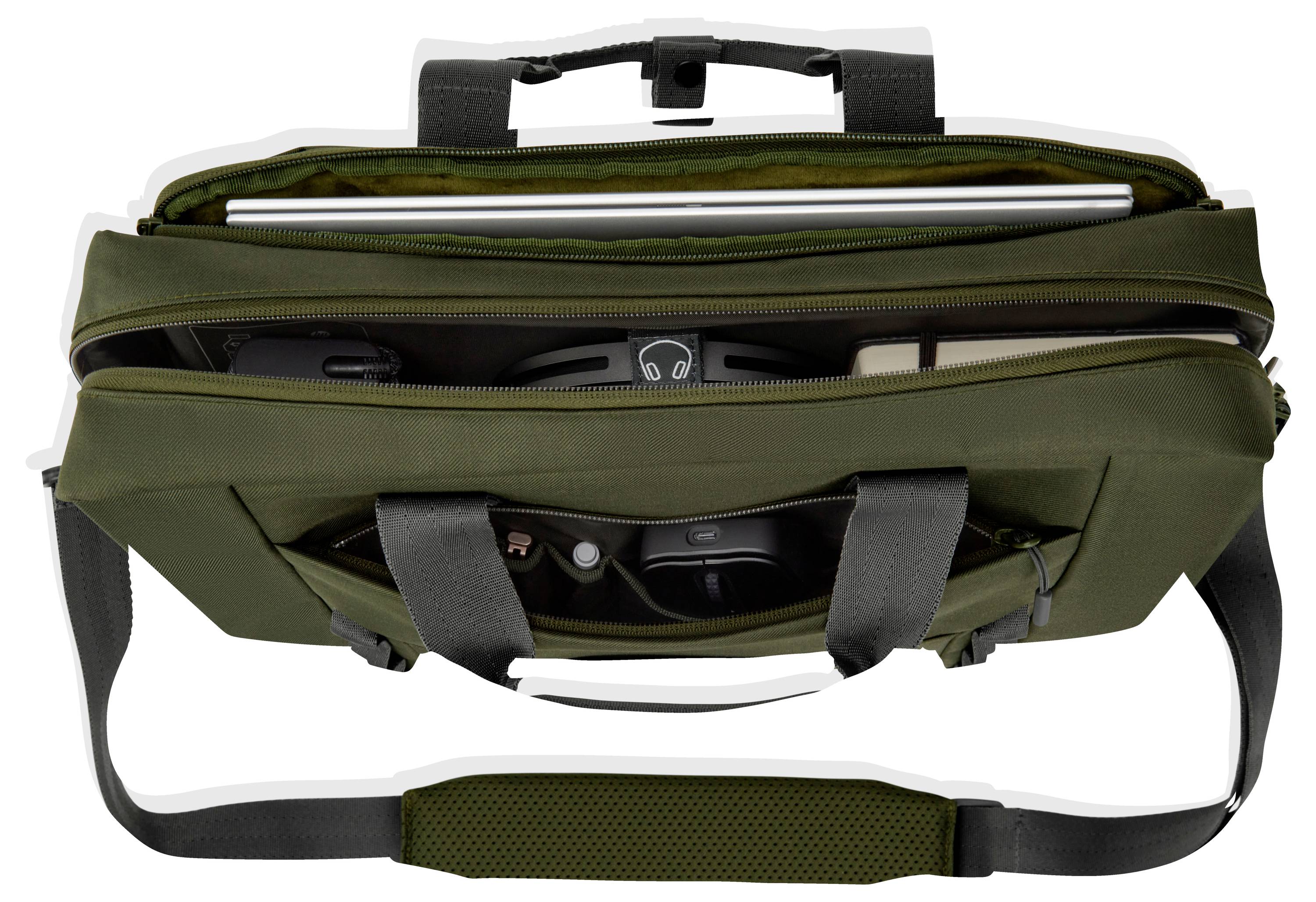 Zielona torba na laptopa z otwartym zamkiem błyskawicznym, prezentująca laptopa, słuchawki i aparat fotograficzny w środku.