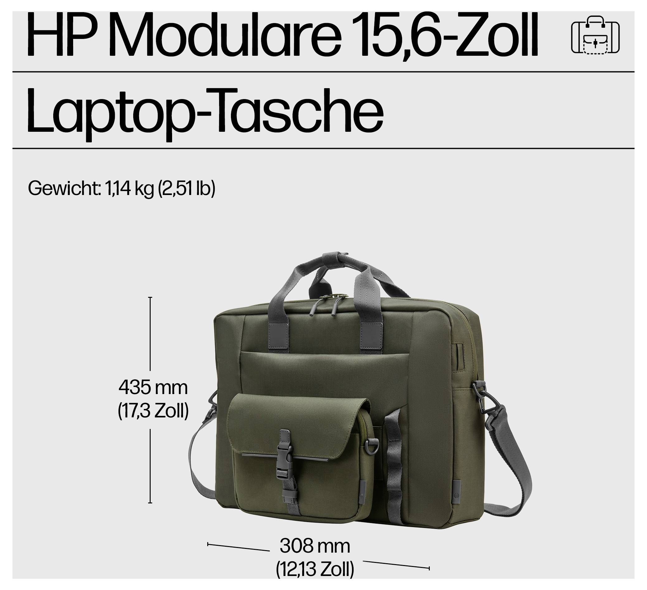 Torba na laptopa HP, 15,6 cala, waga 1,14 kg. Wymiary: 435 mm wysokości, 308 mm szerokości. Oliwkowozielona, z regulowanym paskiem na ramię i kieszenią z przodu.
