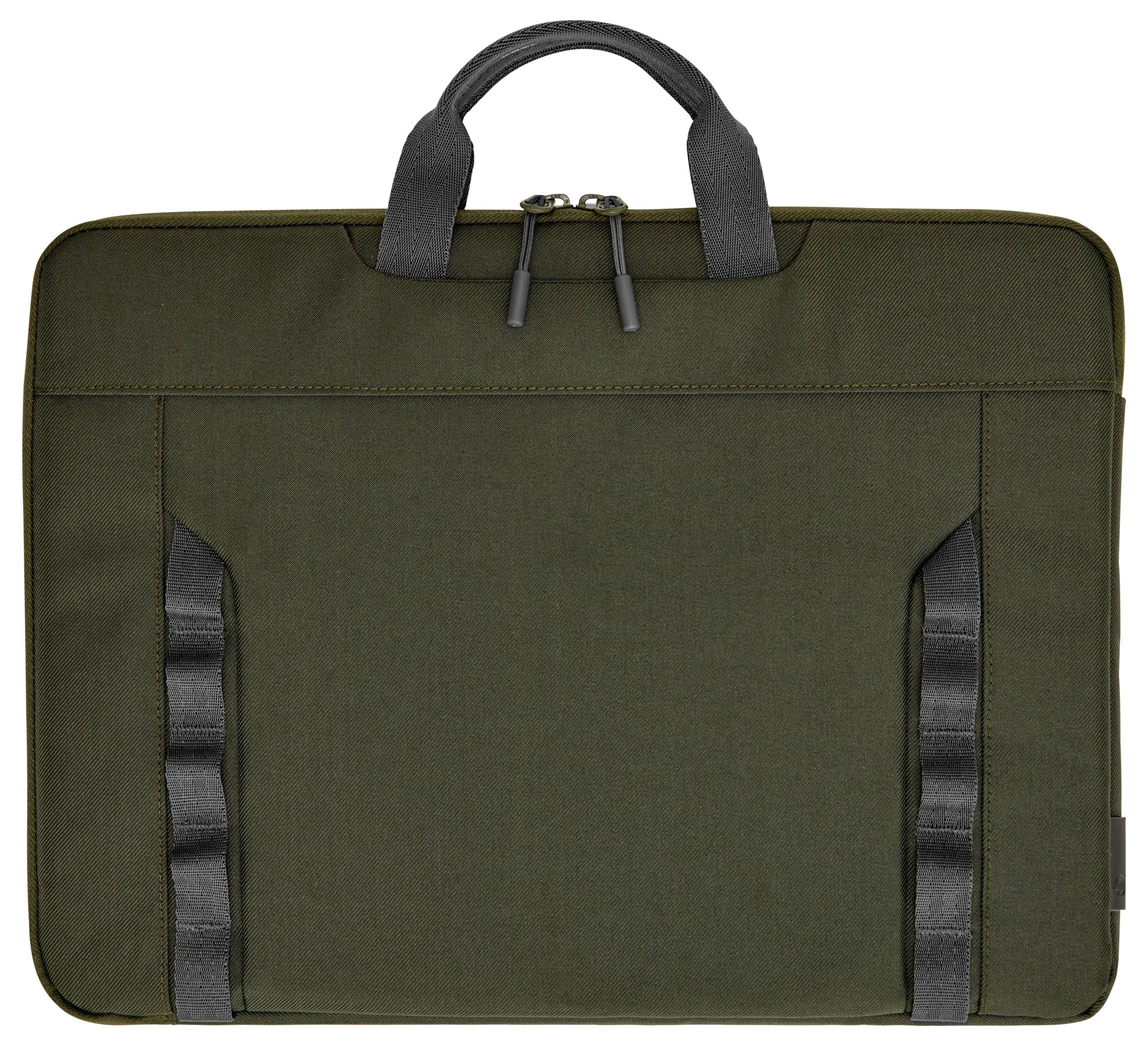 Zielona torba na laptopa wykonana z tkaniny, z czarnymi uchwytami i zamkiem błyskawicznym u góry, o prostym designie.