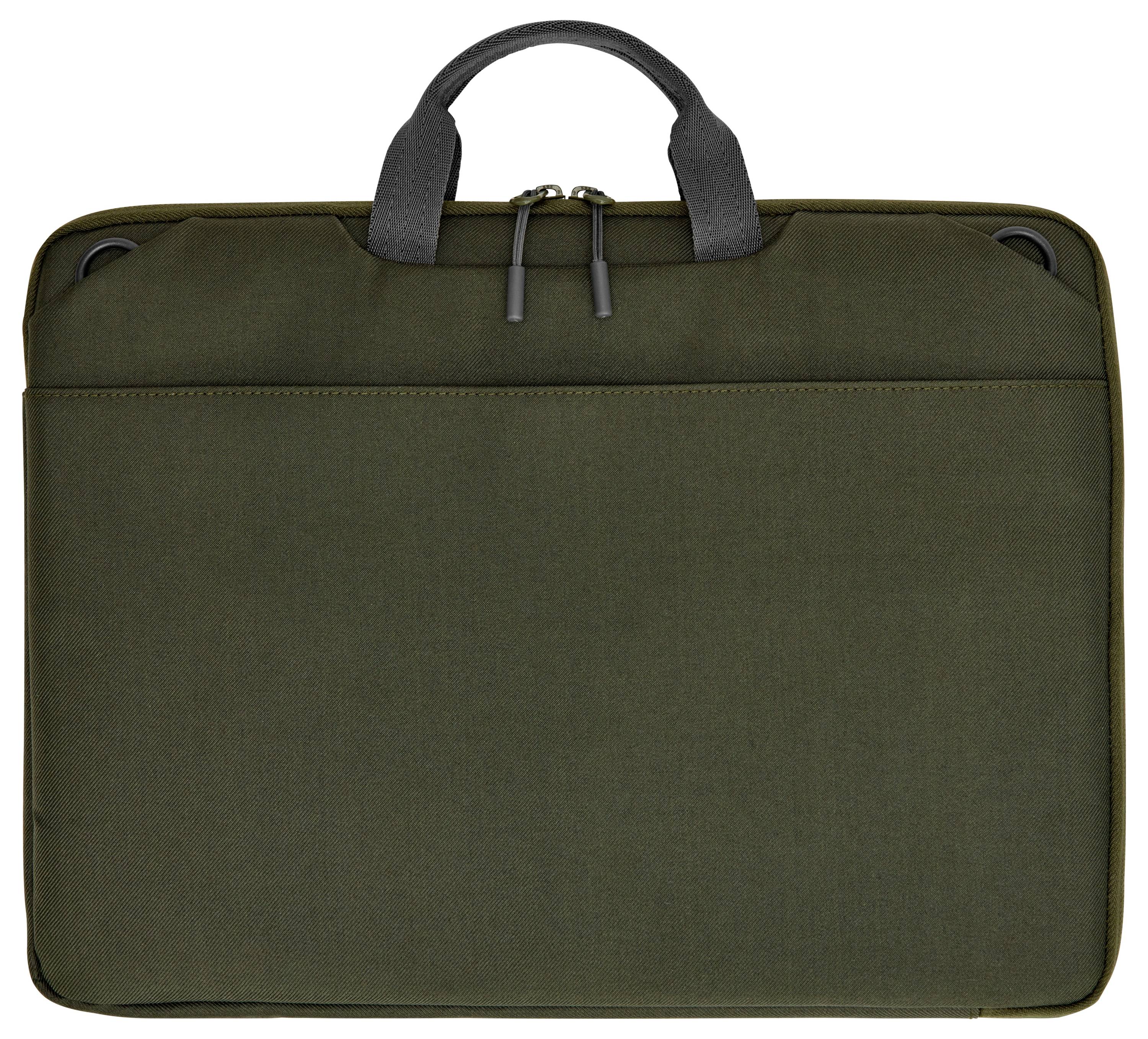 Ciemnozielona, materiałowa torba na laptopa z uchwytem na górze i zamkiem błyskawicznym.