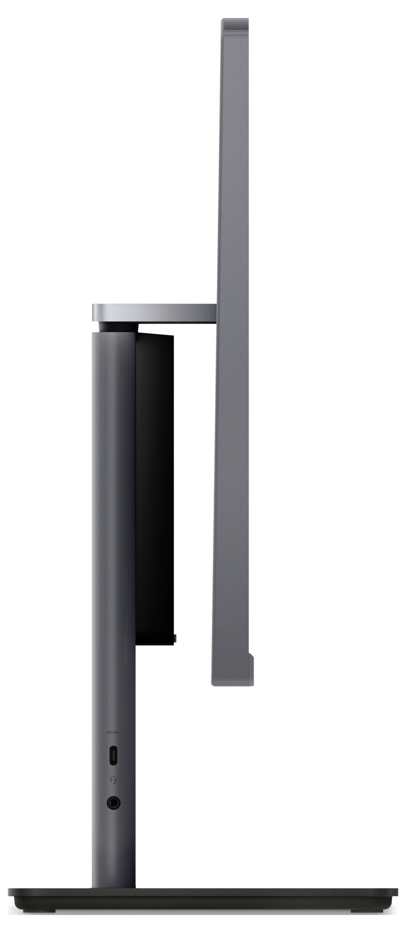 Widok z boku nowoczesnego monitora komputerowego o smukłej sylwetce w ciemnoszarym kolorze. Ekran jest bardzo cienki i spoczywa na wąskiej podstawie.