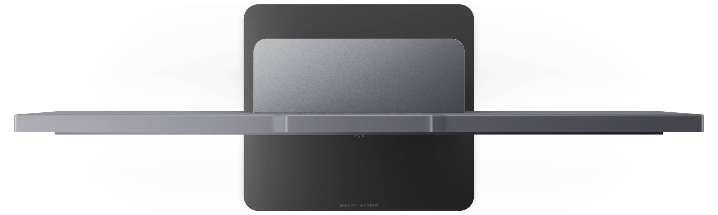 Duży, prostokątny lustro ścienne z wąką poziomą półką poniżej, o nowoczesnym designie, w kolorach czarnym i srebrnym.