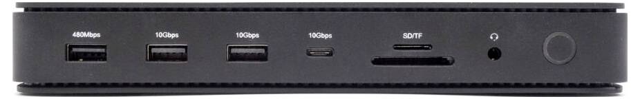 Czarna skrzynka komputerowa lub multimedialna z portami na przedniej ściance: dwa porty USB, HDMI, czytnik kart SD, gniazdo audio.