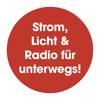 Czerwone koło z białym tekstem: 'Prąd, światło i radio w podróży!'