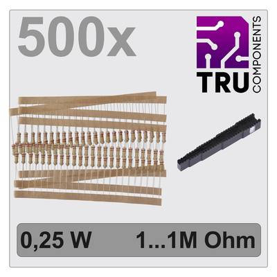 Zestaw 500 rezystorów, moc 0,25 W, zakres rezystancji od 1 do 1M omów, marka TRU COMPONENTS. Na ilustracji: rezystory na pasku.