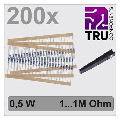 200 oporników o mocy 0,5 W i rezystancji 1...1M omów. Logo TRU Components w prawym górnym rogu. Widoczne jedno opakowanie i luźno ułożone oporniki.