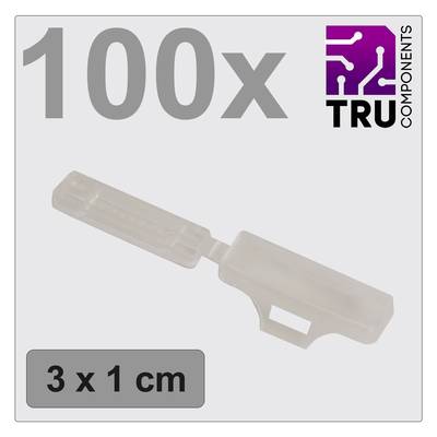 100 białych długopisów plastikowych firmy TRU Components o wymiarach 3 x 1 cm.