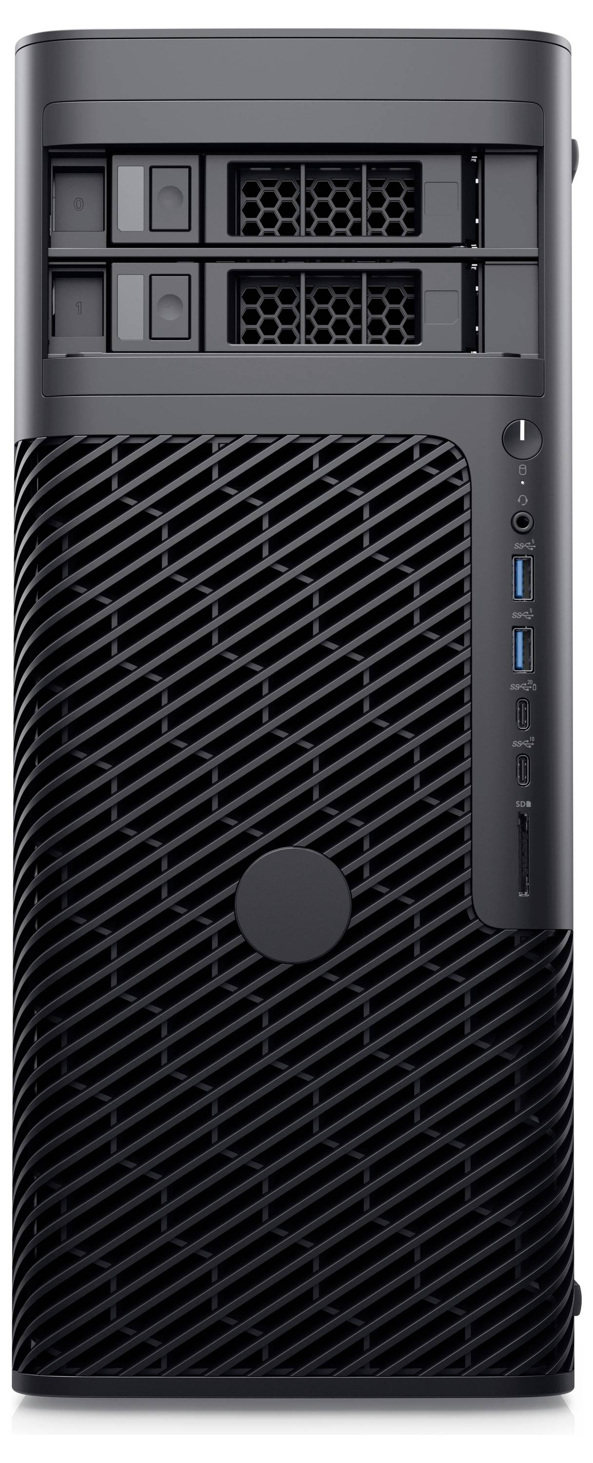 Obudowa komputera z dwoma wnękami na górze i złączami z boku, poniżej dwa porty USB, widoczny przycisk włączania/wyłączania.