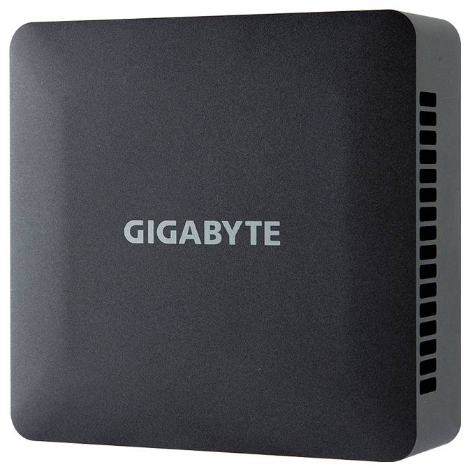 Czarny minikomputer Gigabyte widziany z góry, z wentylowanymi bokami.