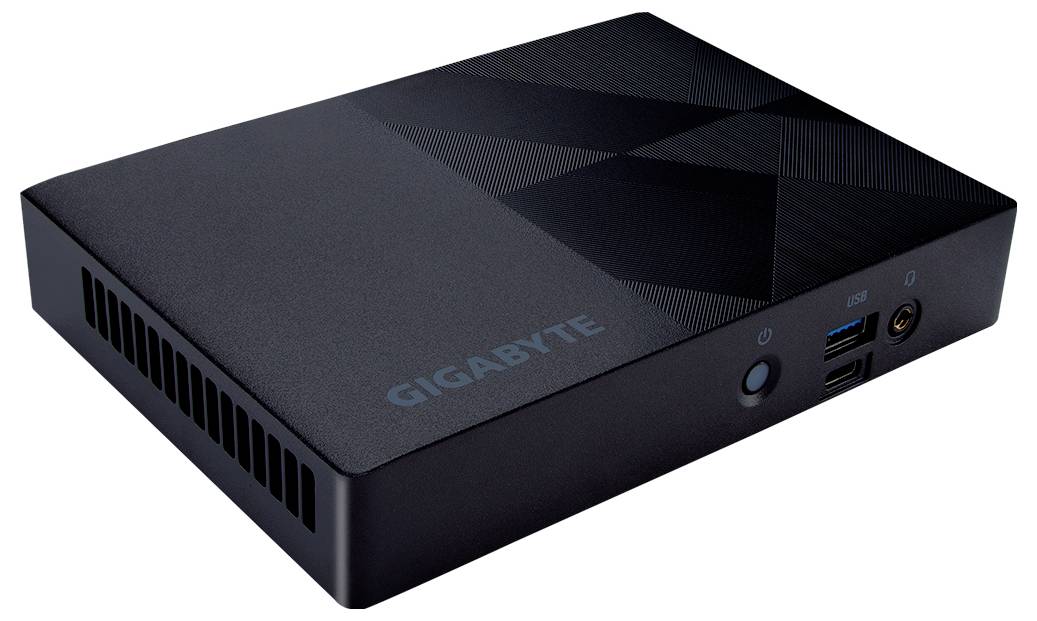 Czarny kompaktowy komputer GIGABYTE o prostokątnym kształcie, z otworami wentylacyjnymi po bokach i złączami z przodu.