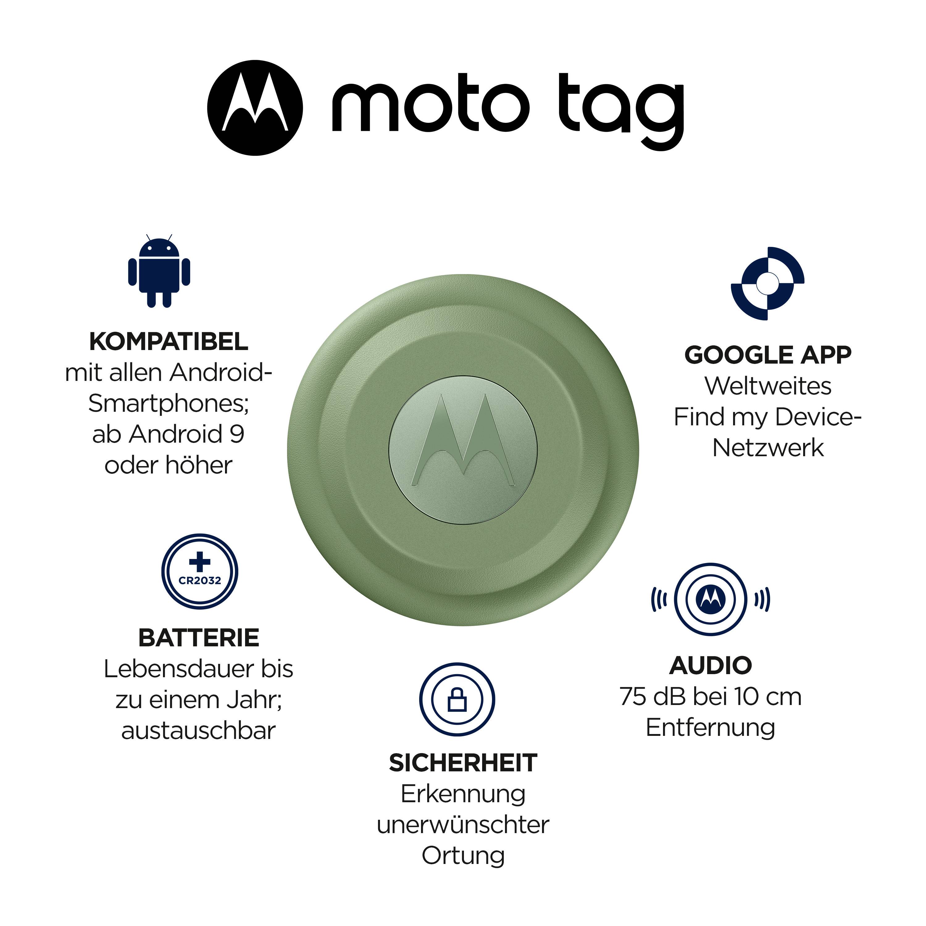Funkcja 'Motorola moto tag': kompatybilna z smartfonami z systemem Android, wymienna bateria, rozpoznawanie niechcianego śledzenia lokalizacji, sieć aplikacji Google.