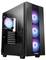 Czarna obudowa komputera z bocznym oknem, cztery świecące wentylatory w kolorach niebieskim i fioletowym z przodu, zapewniające chłodzenie.