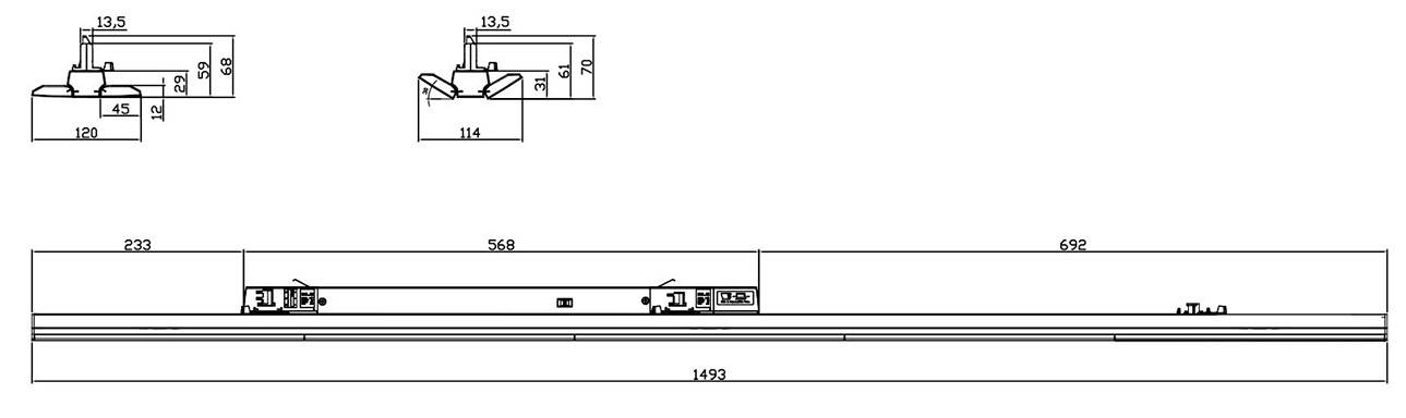 Rysunek techniczny przedstawia wymiary liniowej konstrukcji oświetleniowej z różnymi widokami z boku oraz oznaczonymi wymiarami.