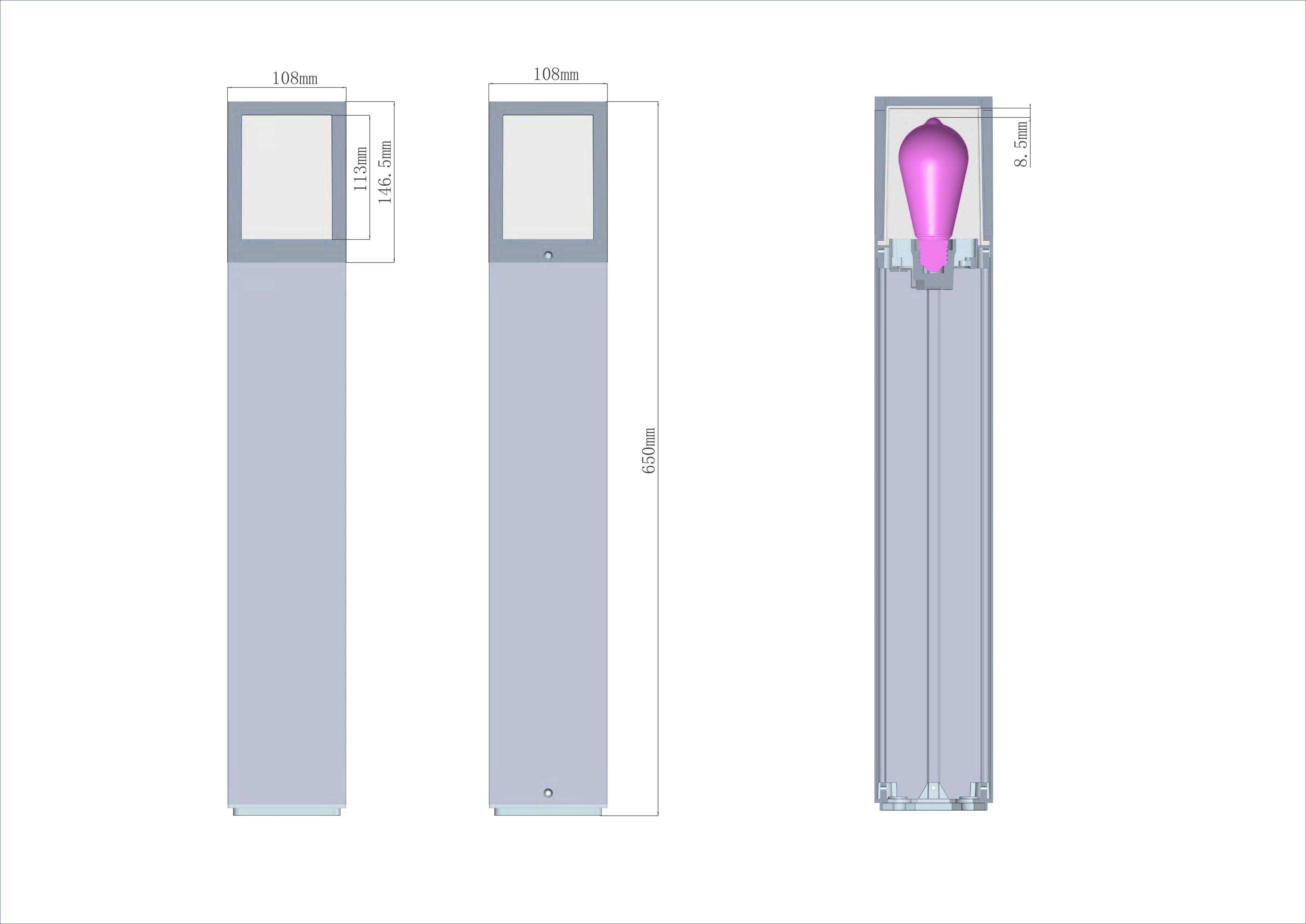 Rysunek techniczny prostokątnej lampy z wymiarami: wysokość 1000 mm, szerokość 110 mm. Widok z góry przedstawia różowy korpus świetlny.