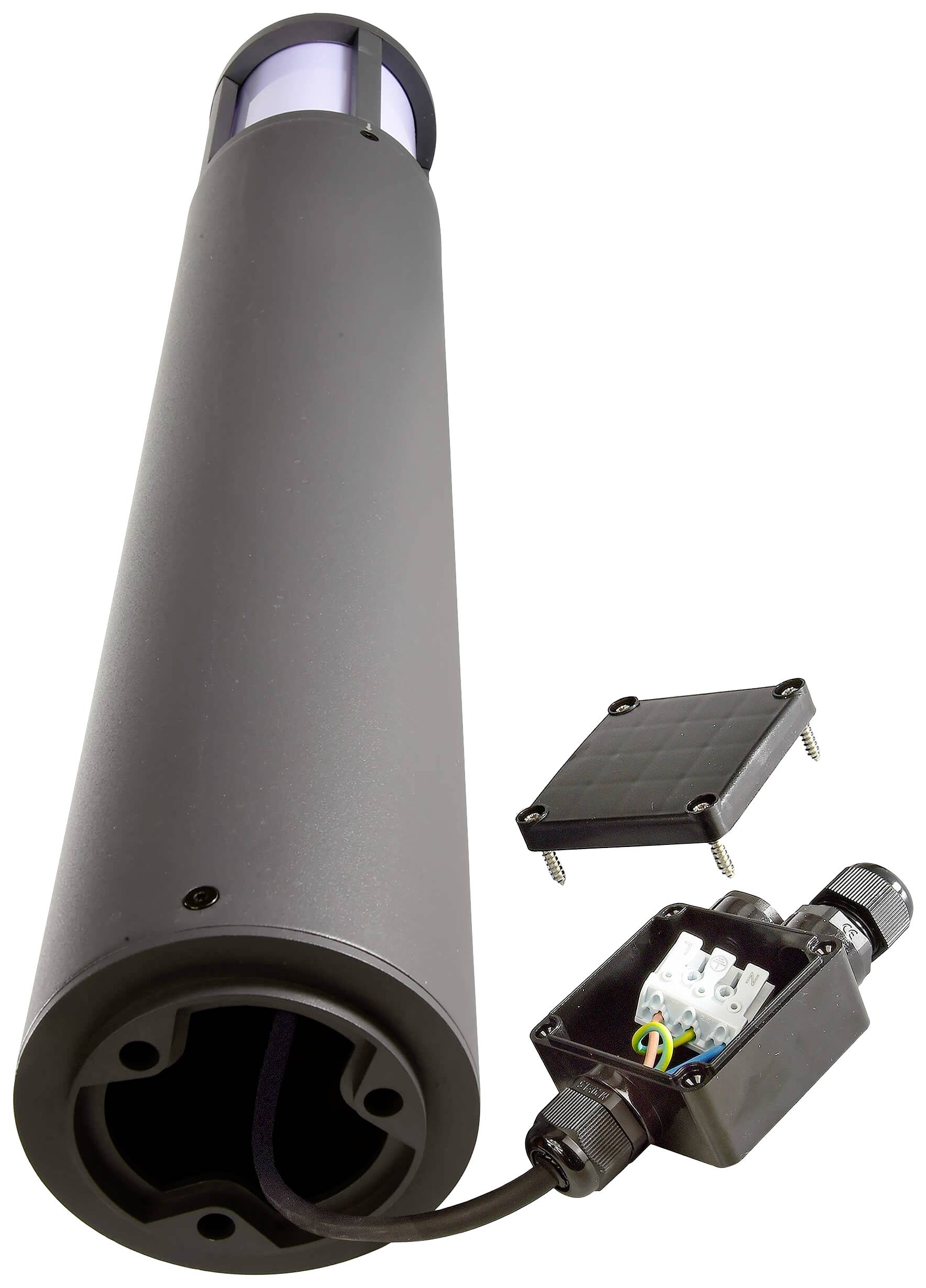 Długi czarny cylindryczny korpus aluminiowy z odejmowalną komorą elektroniczną. Po lewej stronie widoczny jest mały moduł solarny.