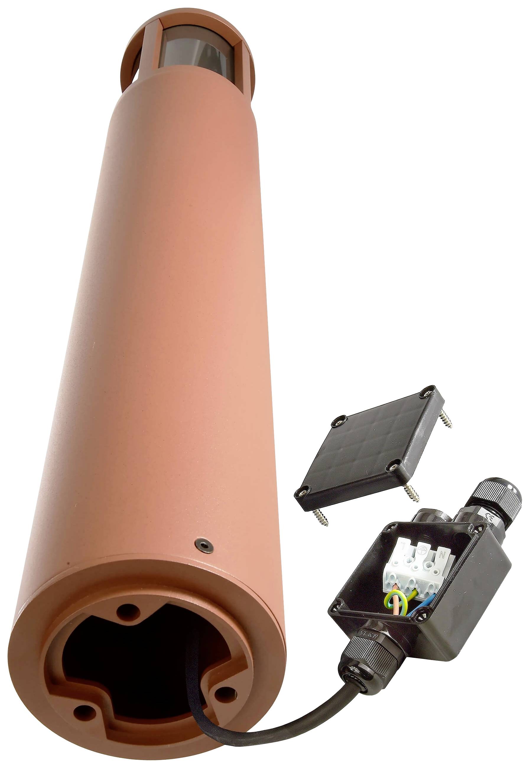 Podłużny, lekko czerwonawy cylinder z wystającym czarnym kablem i otwartą czarną skrzynką przyłączeniową. Obok mały, czarny panel solarny.