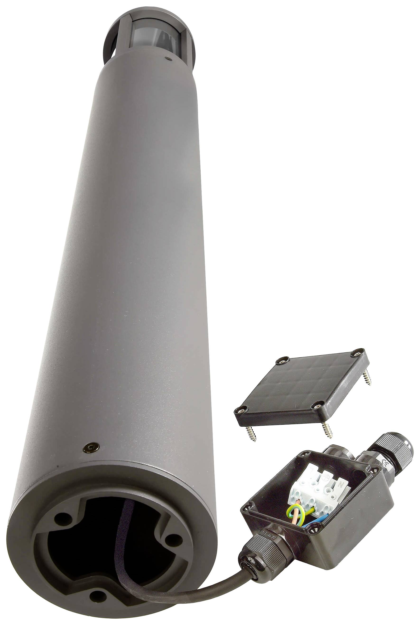 Elektryczny silnik rolety i jednostka sterująca zostały zaprezentowane. Silnik w kształcie cylindra, połączony z prostokątną jednostką sterującą.