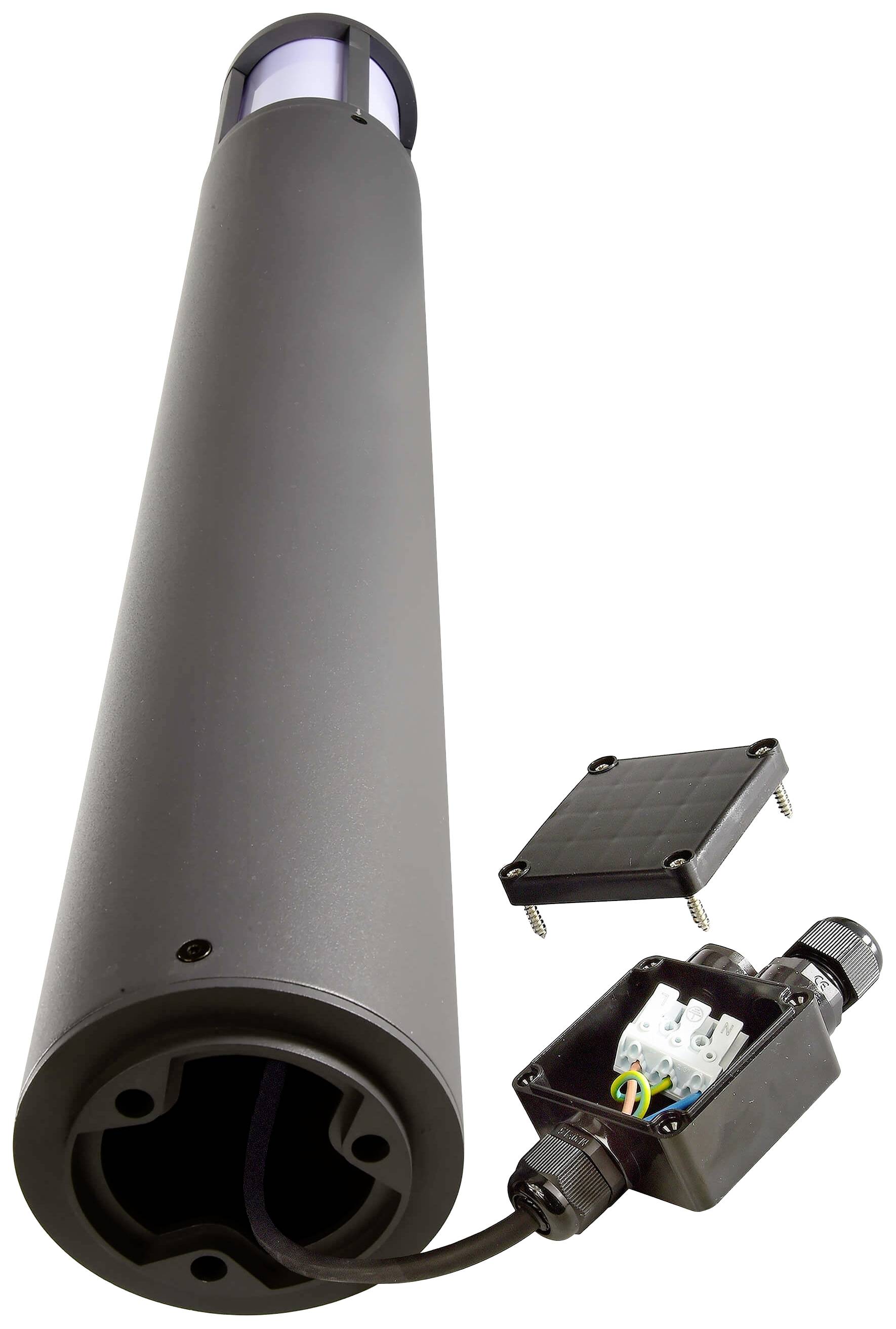 Czarny cylindryczny słup oświetleniowy z zdejmowaną osłoną i elektroniczną skrzynką przyłączeniową, prezentujący połączenia elektryczne.