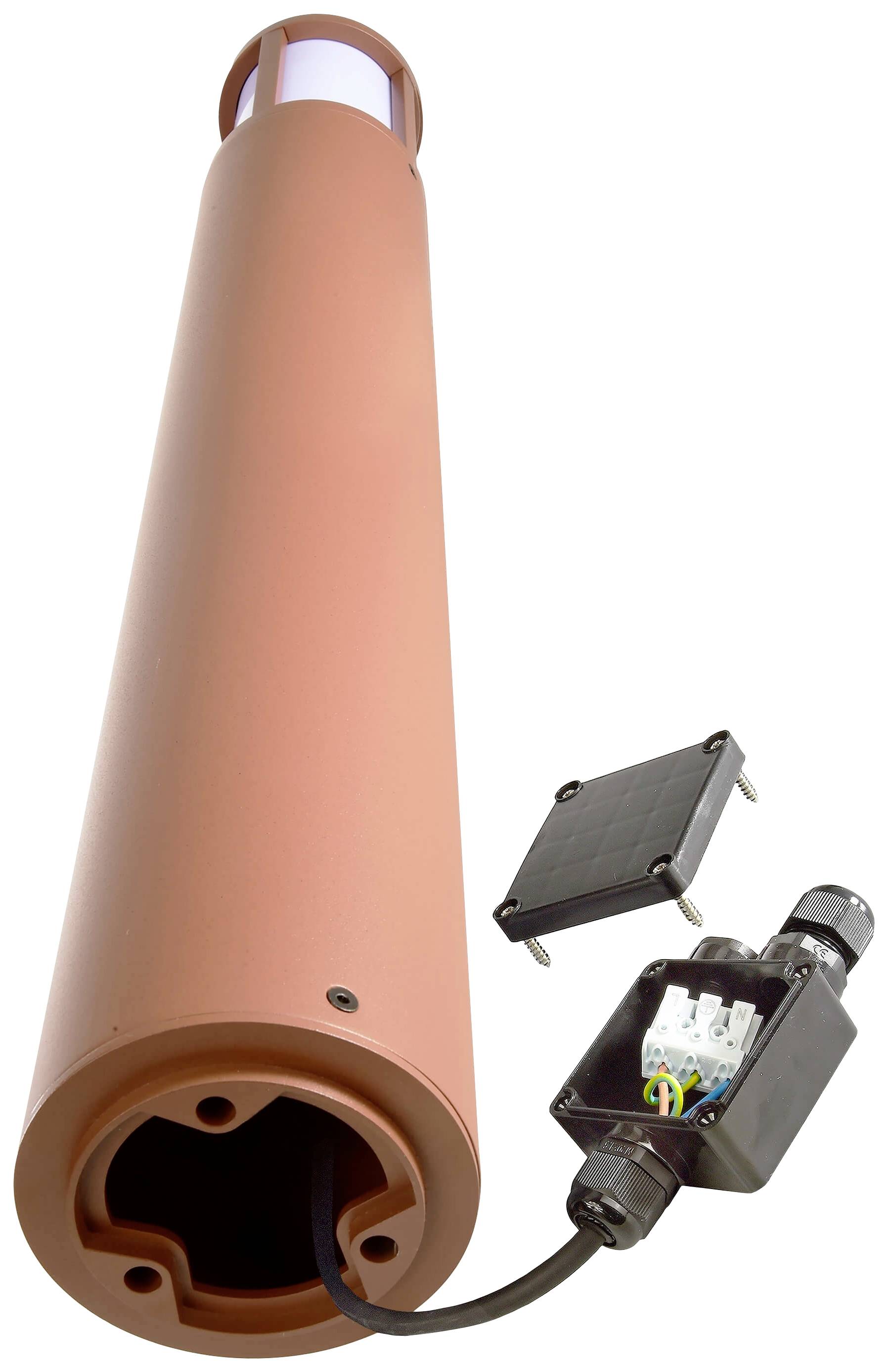 Urządzenie elektroniczne w podłużnej, czerwonawo-brązowej obudowie z wyjmowanym schowkiem i widocznymi przewodami, nadające się do zastosowań technicznych.