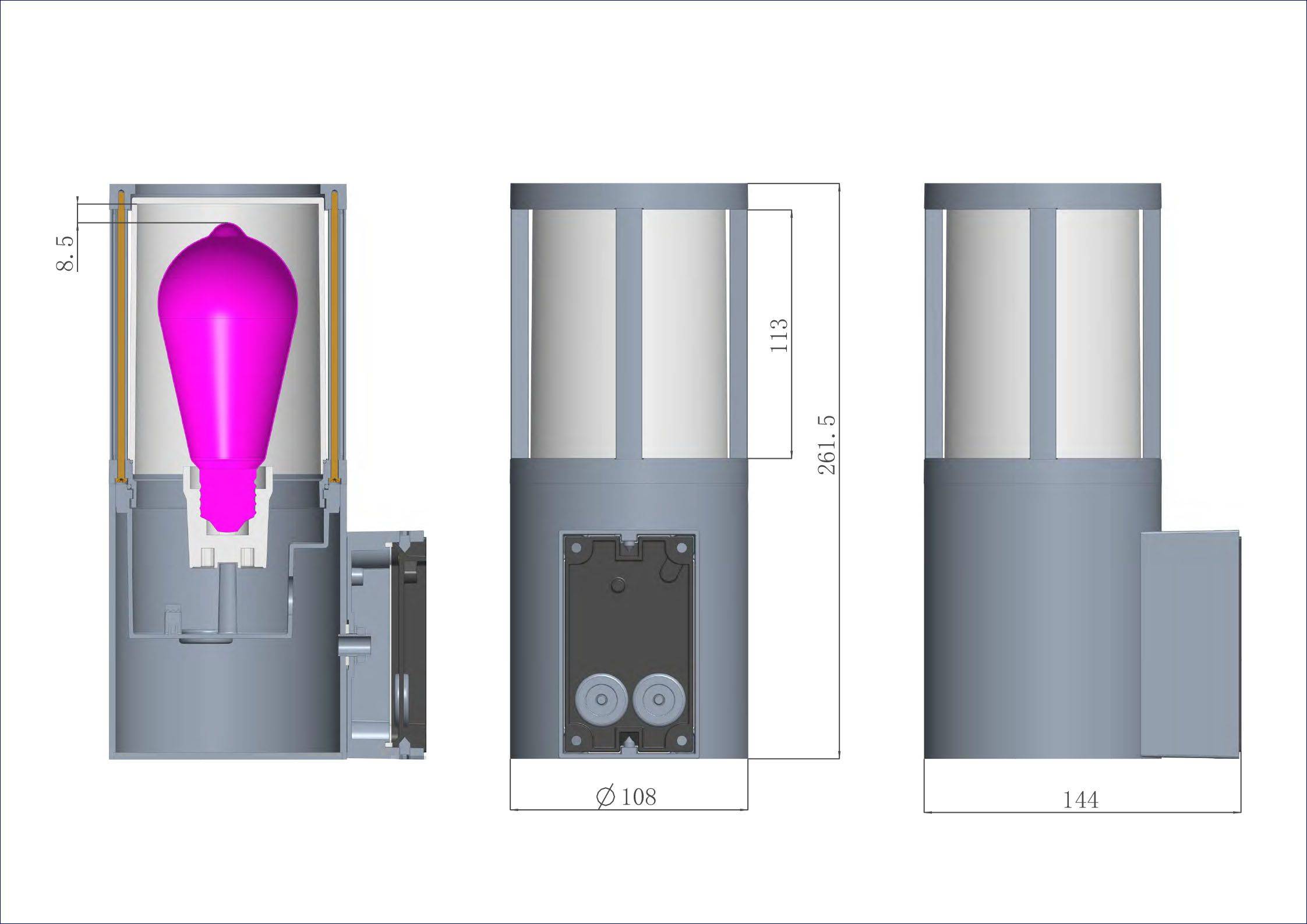 Schemat technicznego elementu z wymiarami: 261,5, 113, 144 i 108 mm. Przedstawia wewnętrzną strukturę z różowym elementem.