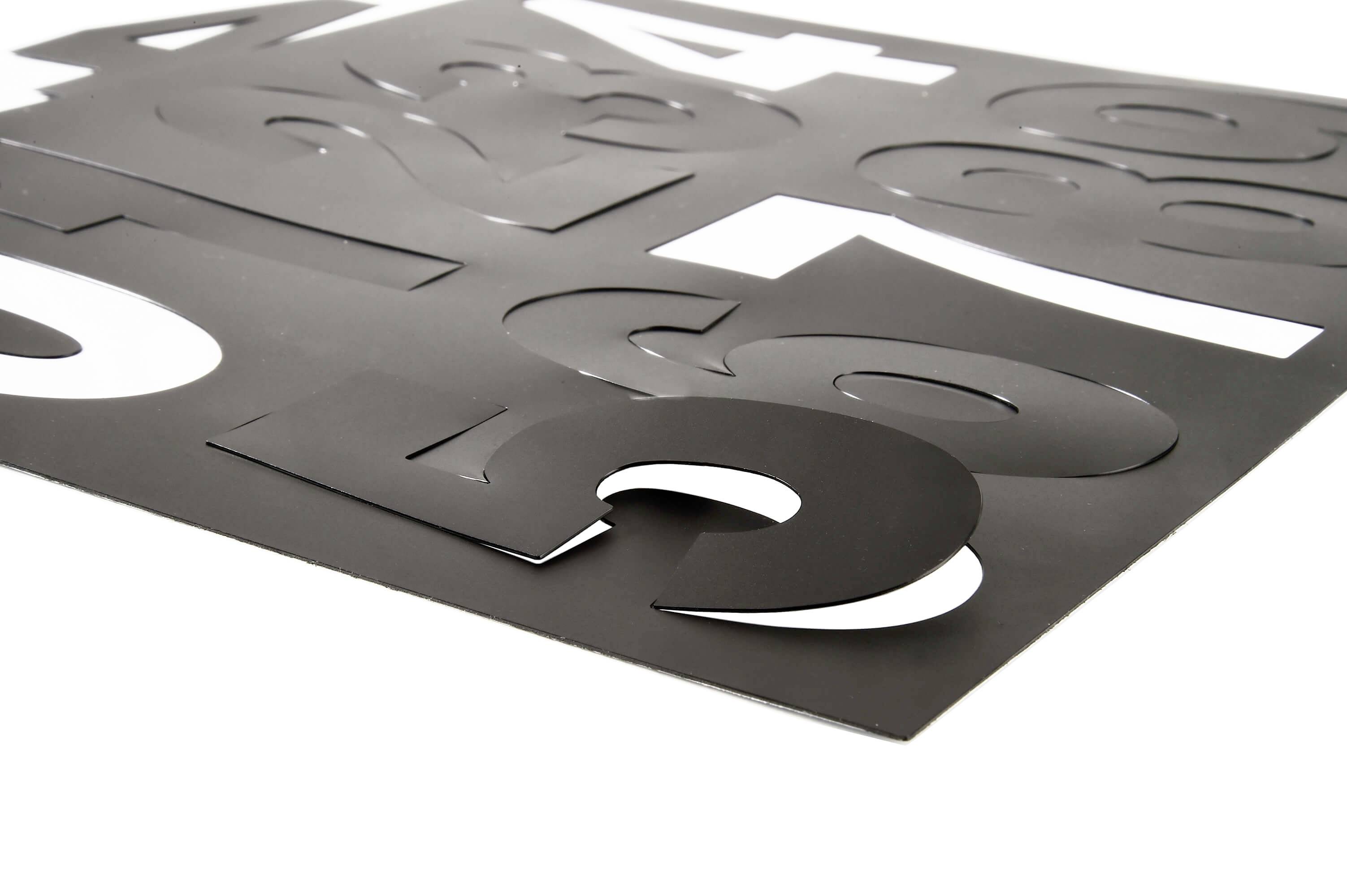 Czarna szablon z wyciętymi cyframi od 0 do 9.