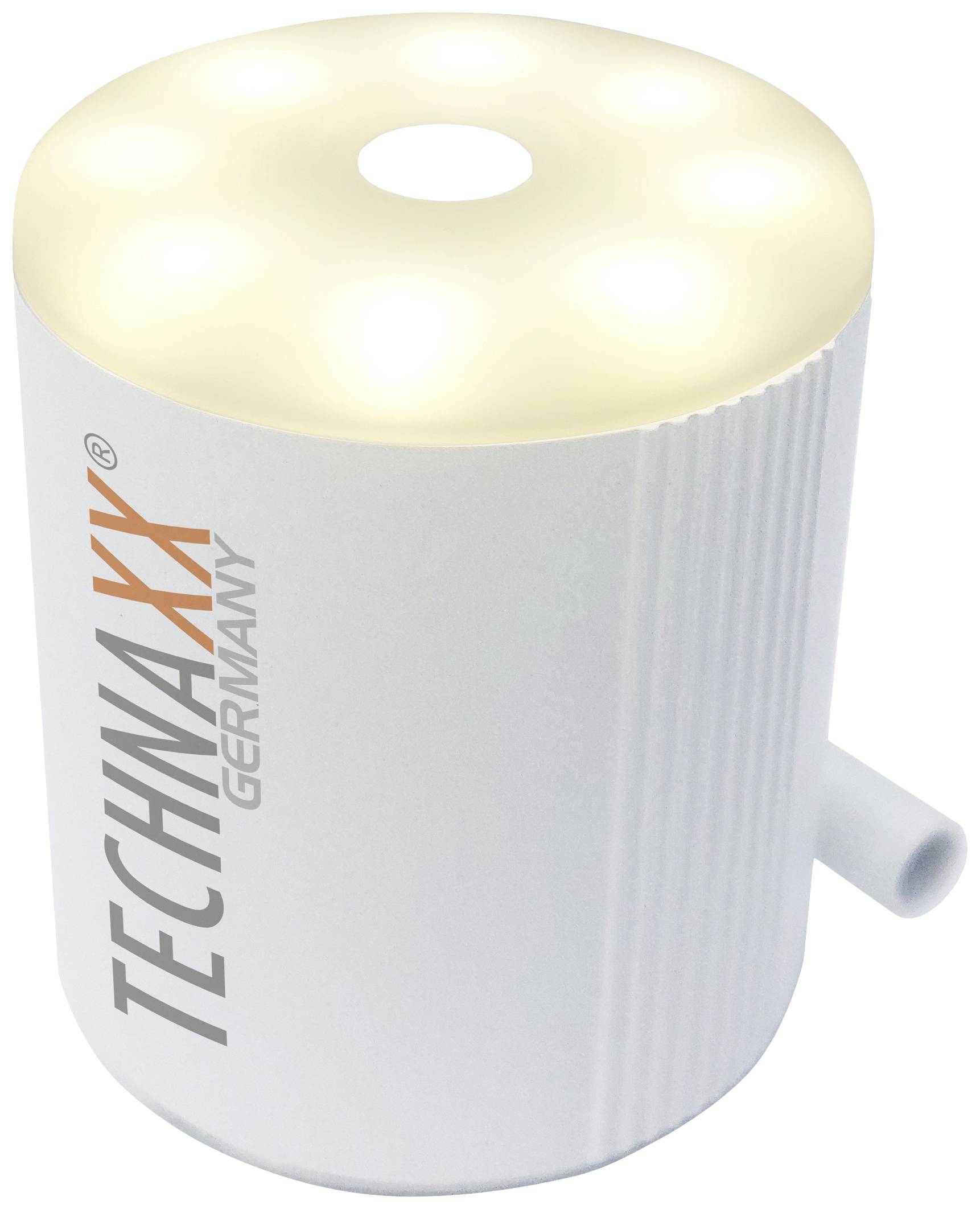 Biały oczyszczacz powietrza marki 'Technaxx Germany' o cylindrycznym kształcie, świecący od góry.