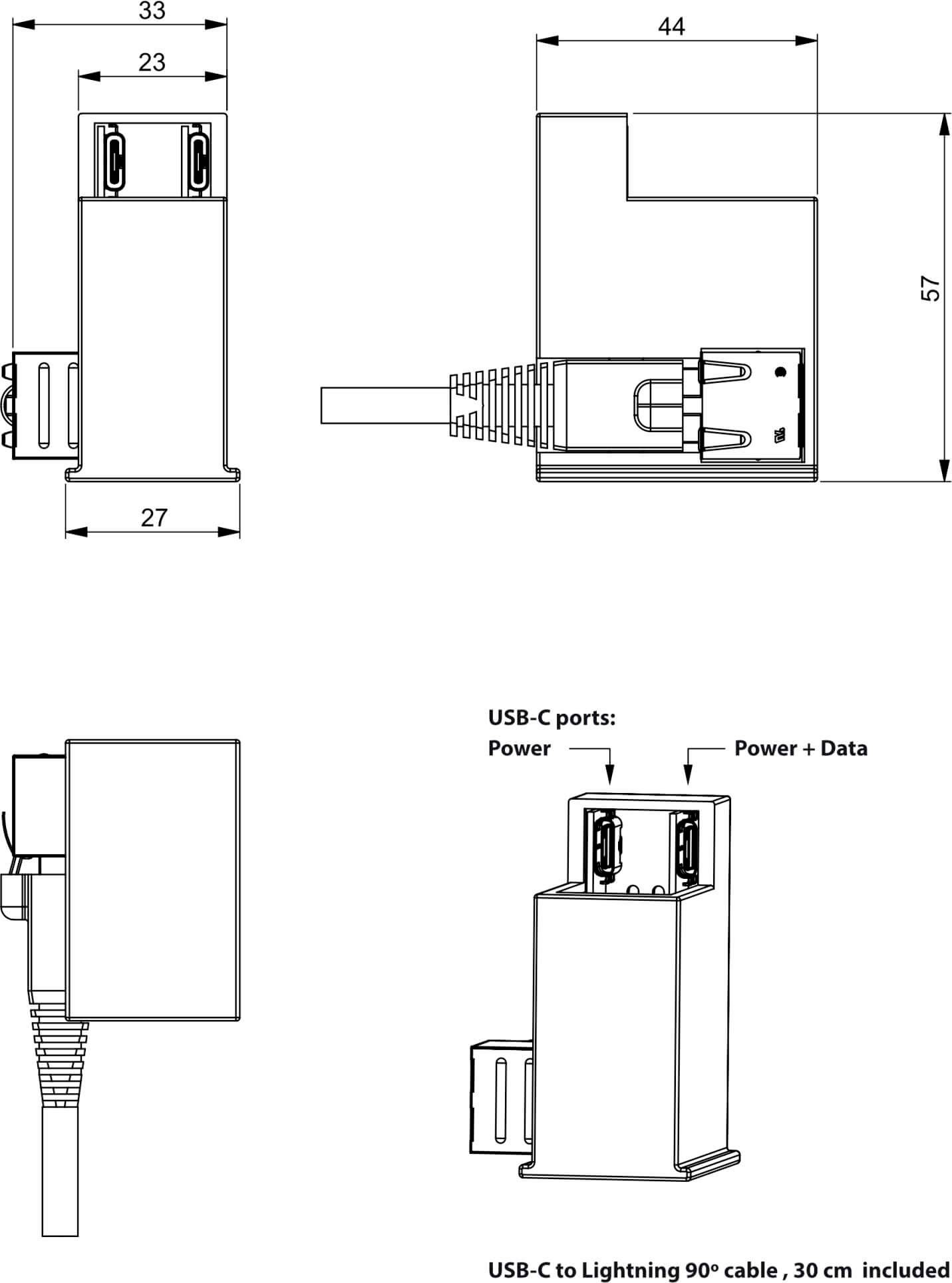 Rysunek techniczny ładowarki USB-C z różnych perspektyw, zawierający wymiary oraz oznaczenia złączy USB-C dla 'Zasilania' i 'Zasilania + Dane'. Obejmuje przewód USB-C do Lightning.