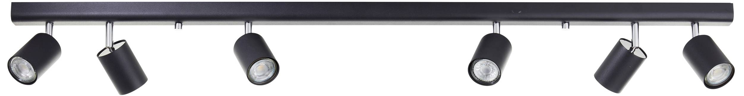 Czarna lampa sufitowa z pięcioma regulowanymi, cylindrycznymi reflektorami, równomiernie rozmieszczonymi wzdłuż prostej szyny.