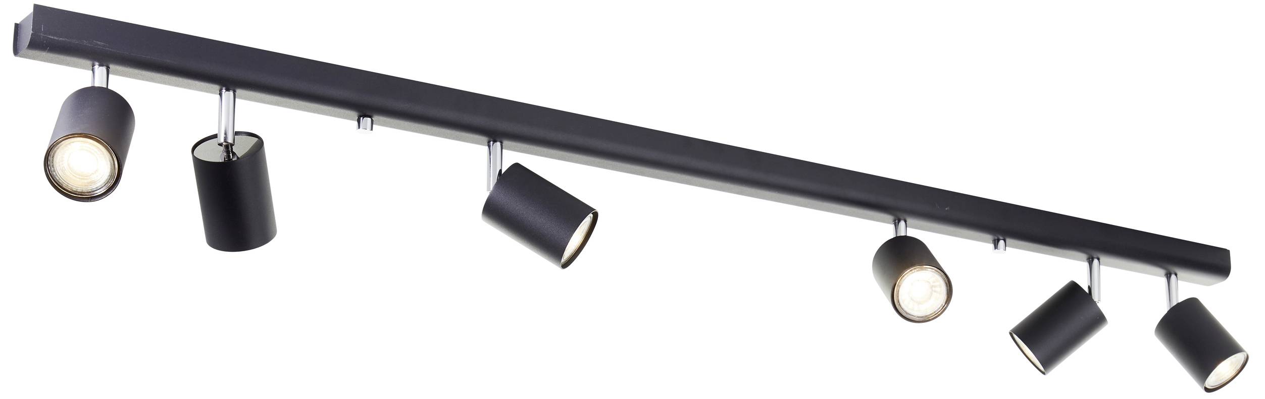 Czarna lampa sufitowa z sześcioma regulowanymi reflektorami zamocowanymi na prostej szynie, wszystkie skierowane w tym samym kierunku.