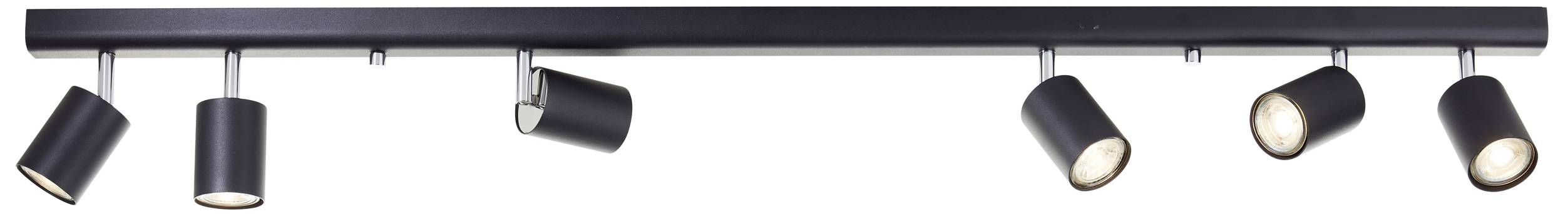 Czarna lampa sufitowa z pięcioma regulowanymi reflektorami, która umożliwia nowoczesny design i elastyczne oświetlenie.