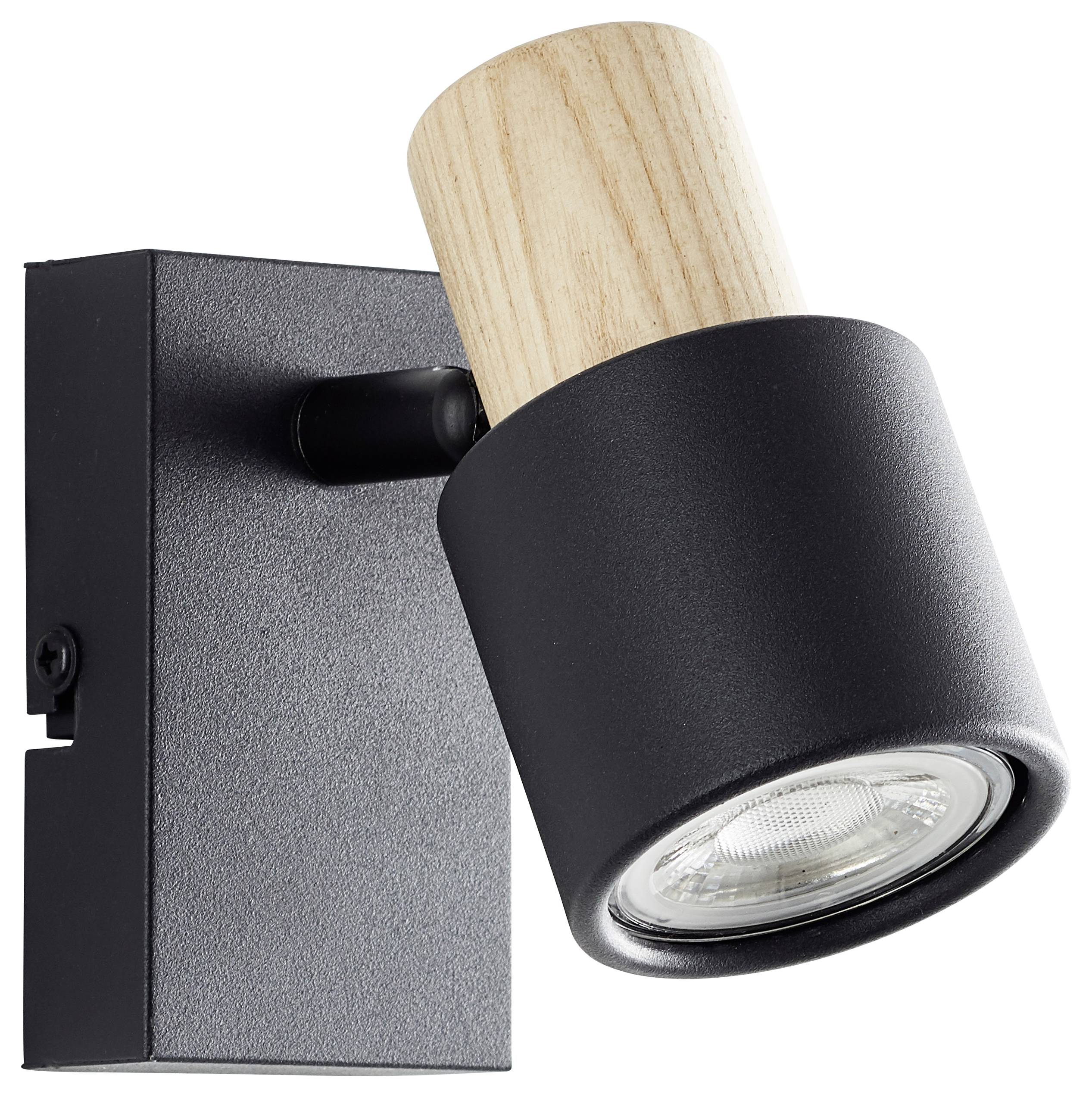 Czarna lampa ścienna z drewnianymi detalami. Nowoczesna i minimalistyczna, idealna do oświetlenia salonu, jadalni lub korytarza.