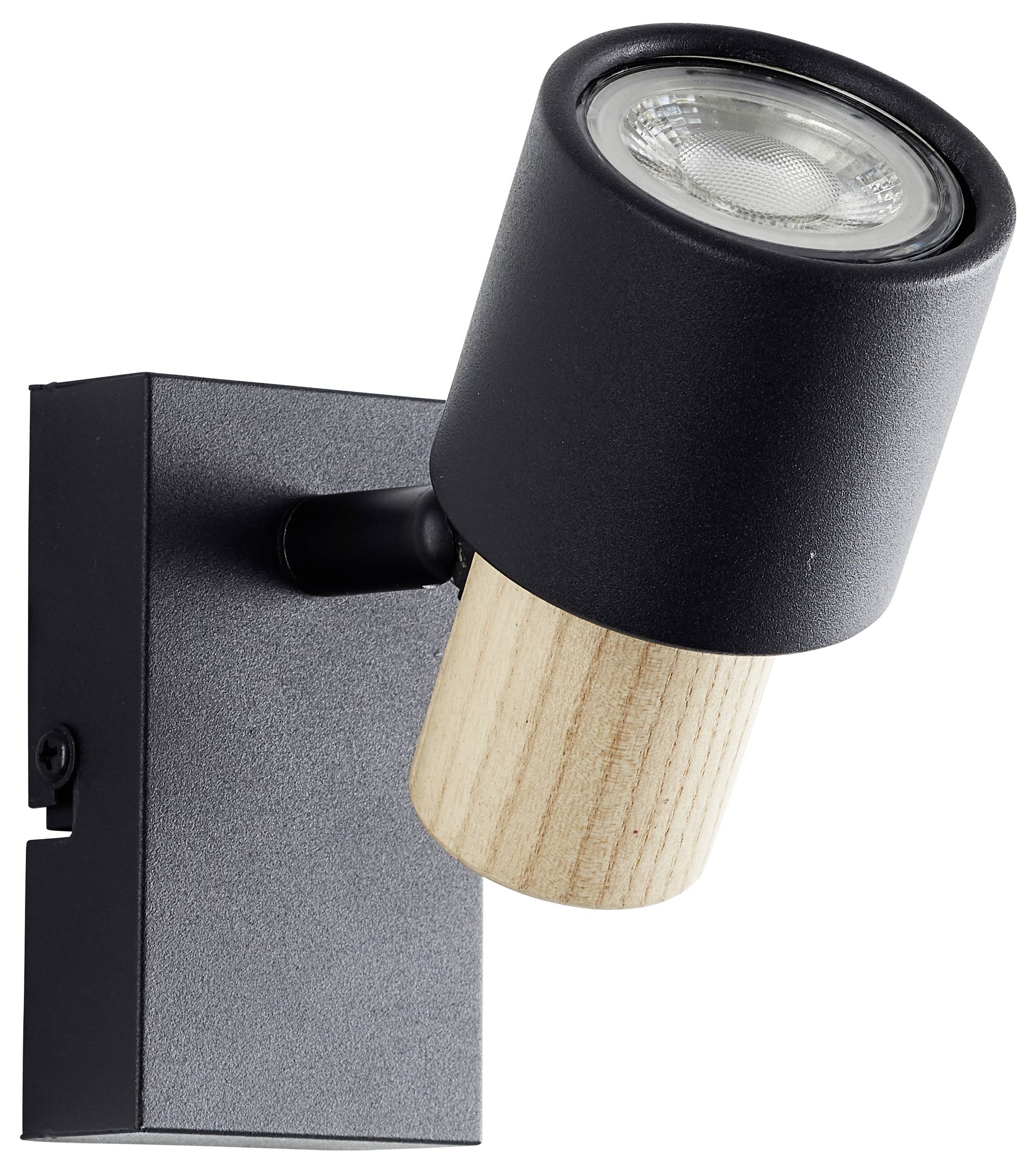 Czarna lampa ścienna z okrągłą, ruchomą podstawą drewnianą i nowoczesnym designem. Idealna do precyzyjnego oświetlenia lub dekoracji wnętrza.