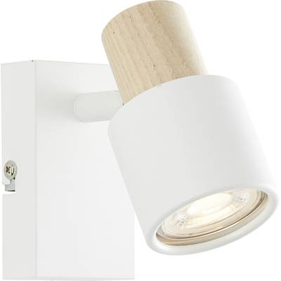 Biała lampa ścienna z drewnianym detalem, w nowoczesnym stylu, z obrotową głowicą, idealna do precyzyjnego oświetlenia.