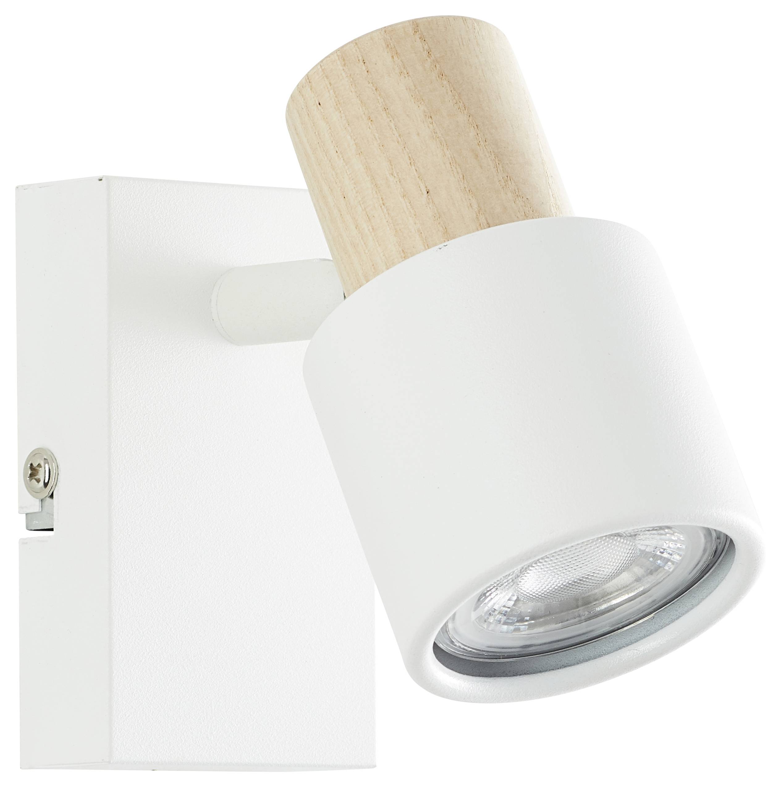 Biała lampa ścienna z cylindrycznym, drewniano zdobionym kloszem. Idealna do nowoczesnych wnętrz.