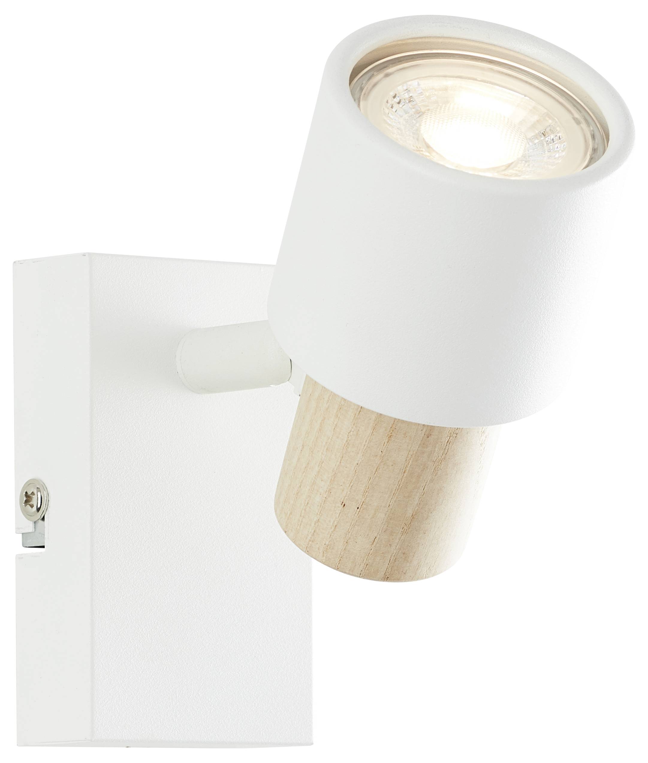 Biała lampa ścienna z cylindrycznym elementem drewnianym i regulowanym kloszem.