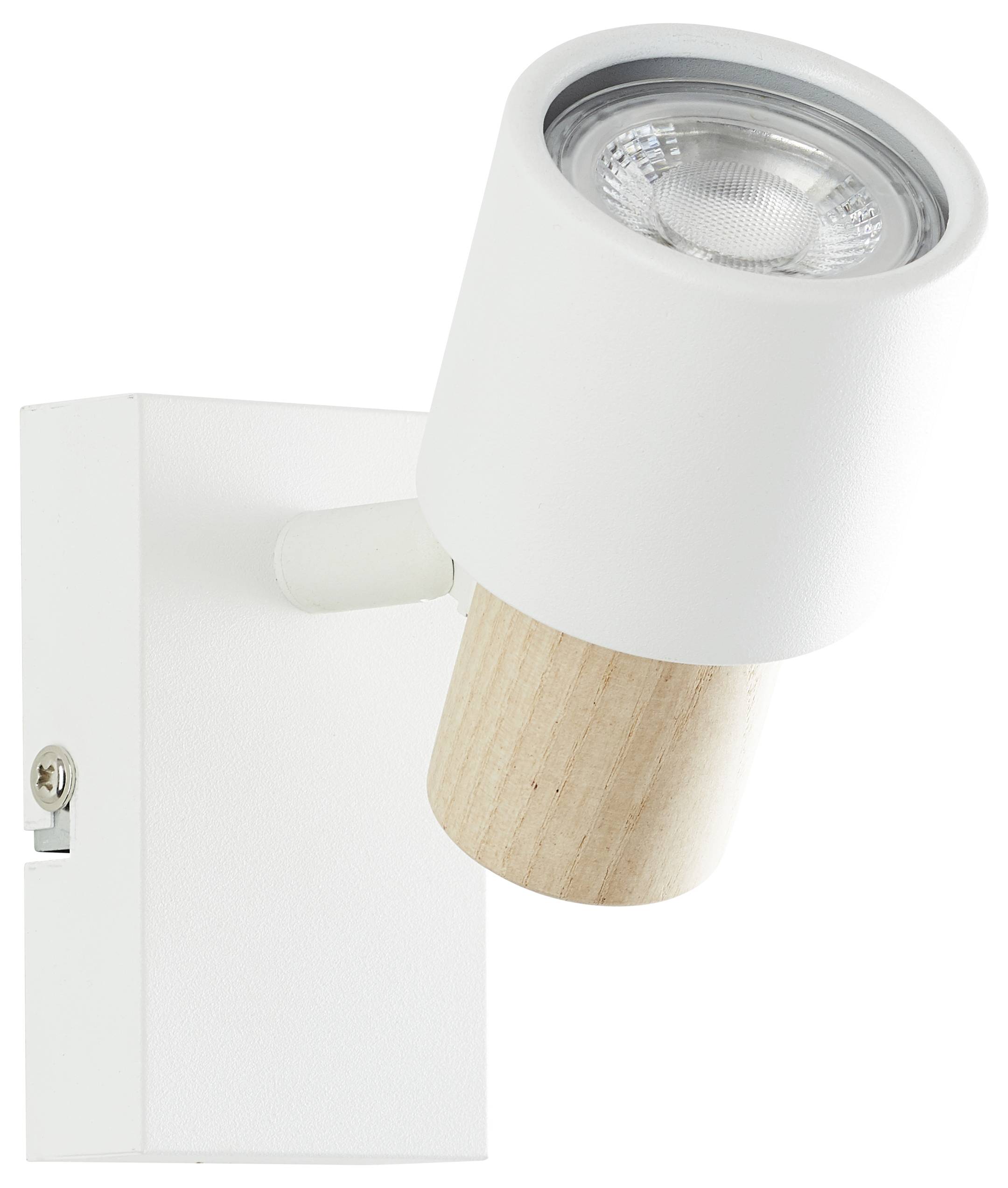 Biała lampa ścienna z cylindrycznym, regulowanym kloszem i drewnianym akcentem, idealna do precyzyjnego oświetlenia wnętrz.