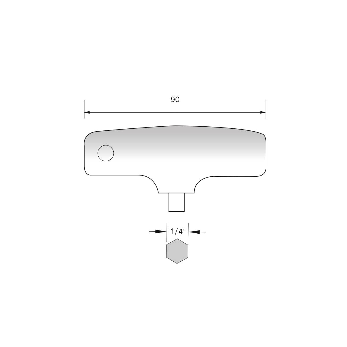Rysunek techniczny uchwytu o szerokości 90 mm, z gniazdem sześciokątnym 1/4 cala od spodu.