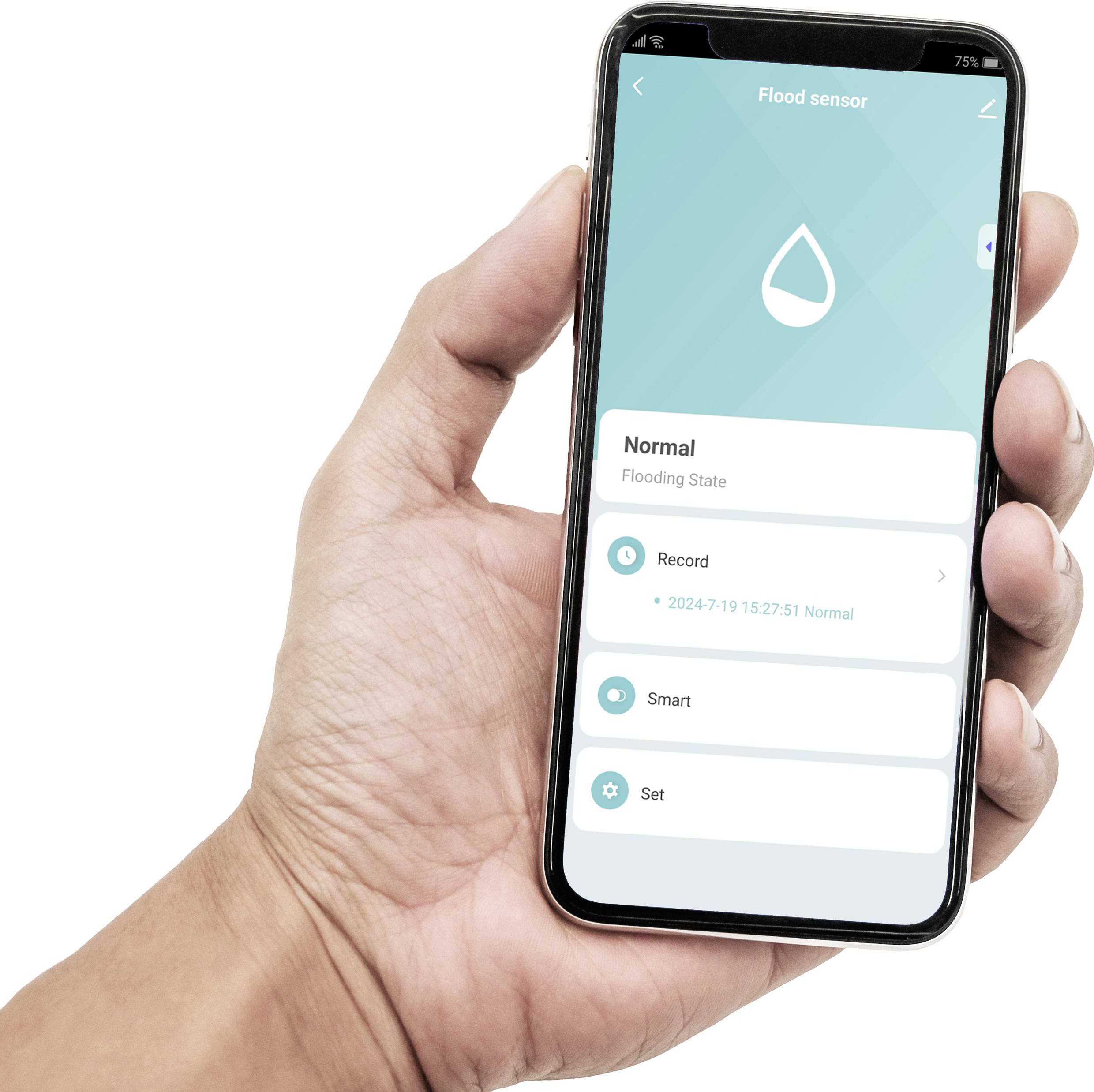 Smartfon wyświetla aplikację o tytule 'Czujnik zalania'. Ekran opisuje stan zagrożenia powodziowego jako 'Normalny' i oferuje opcje takie jak 'Rejestruj' oraz 'Inteligentne ustawienia'.