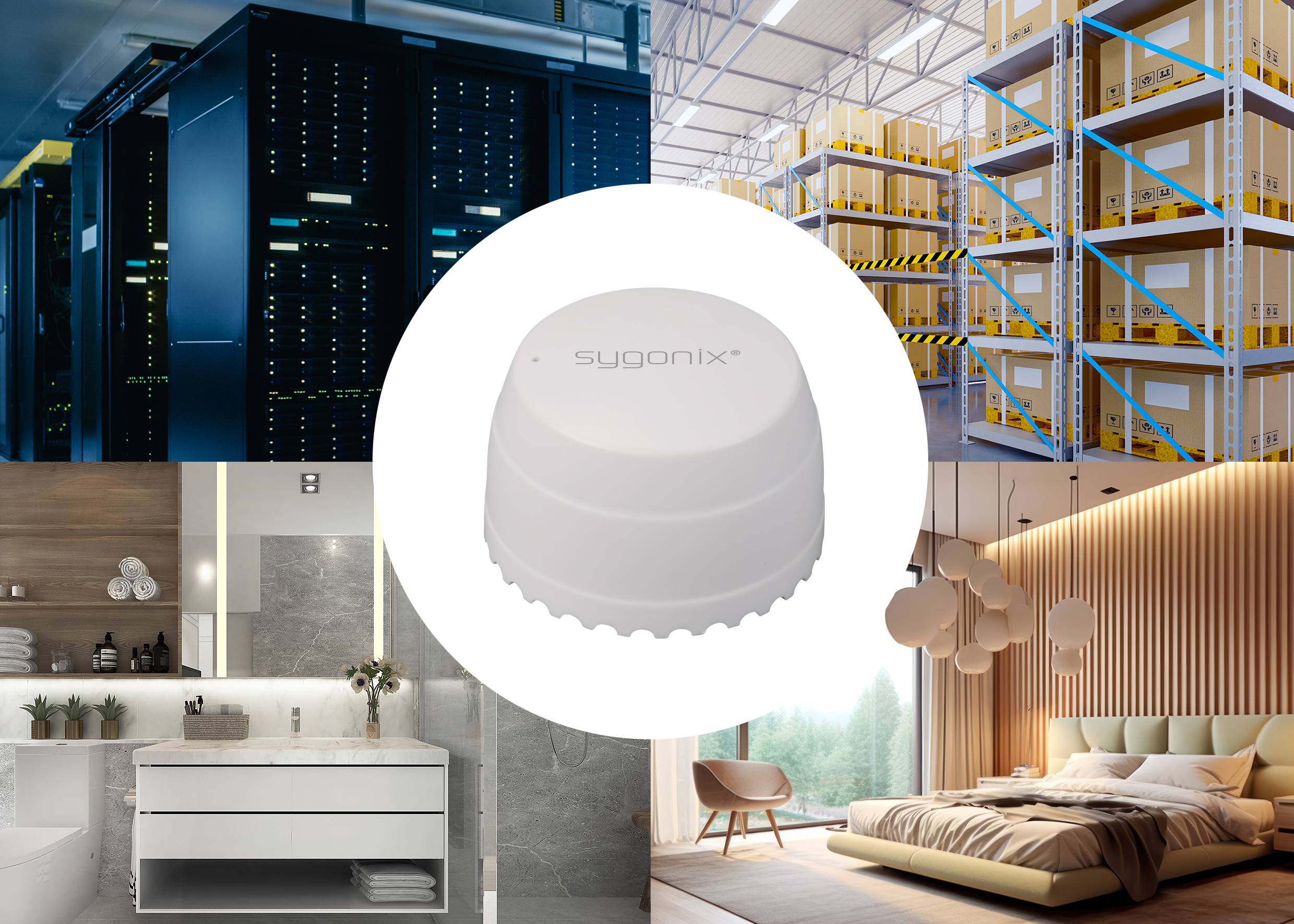 'Obraz przedstawia centralne urządzenie inteligentnego domu otoczone centrum obliczeniowym, magazynem, łazienką i pokojem dziennym.'