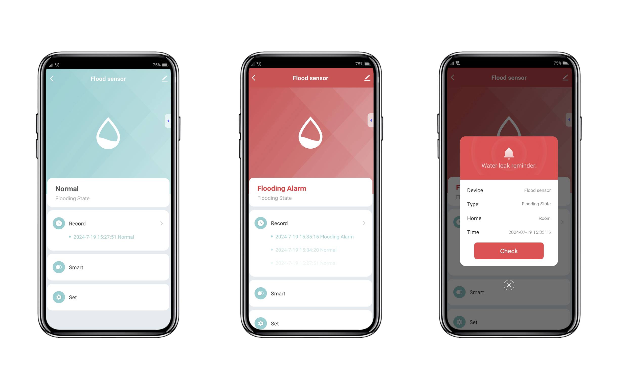 Trzy smartfony wyświetlają aplikację ostrzegającą przed powodzią: stan normalny, alarm powodziowy oraz szczegóły czujnika poziomu wody.