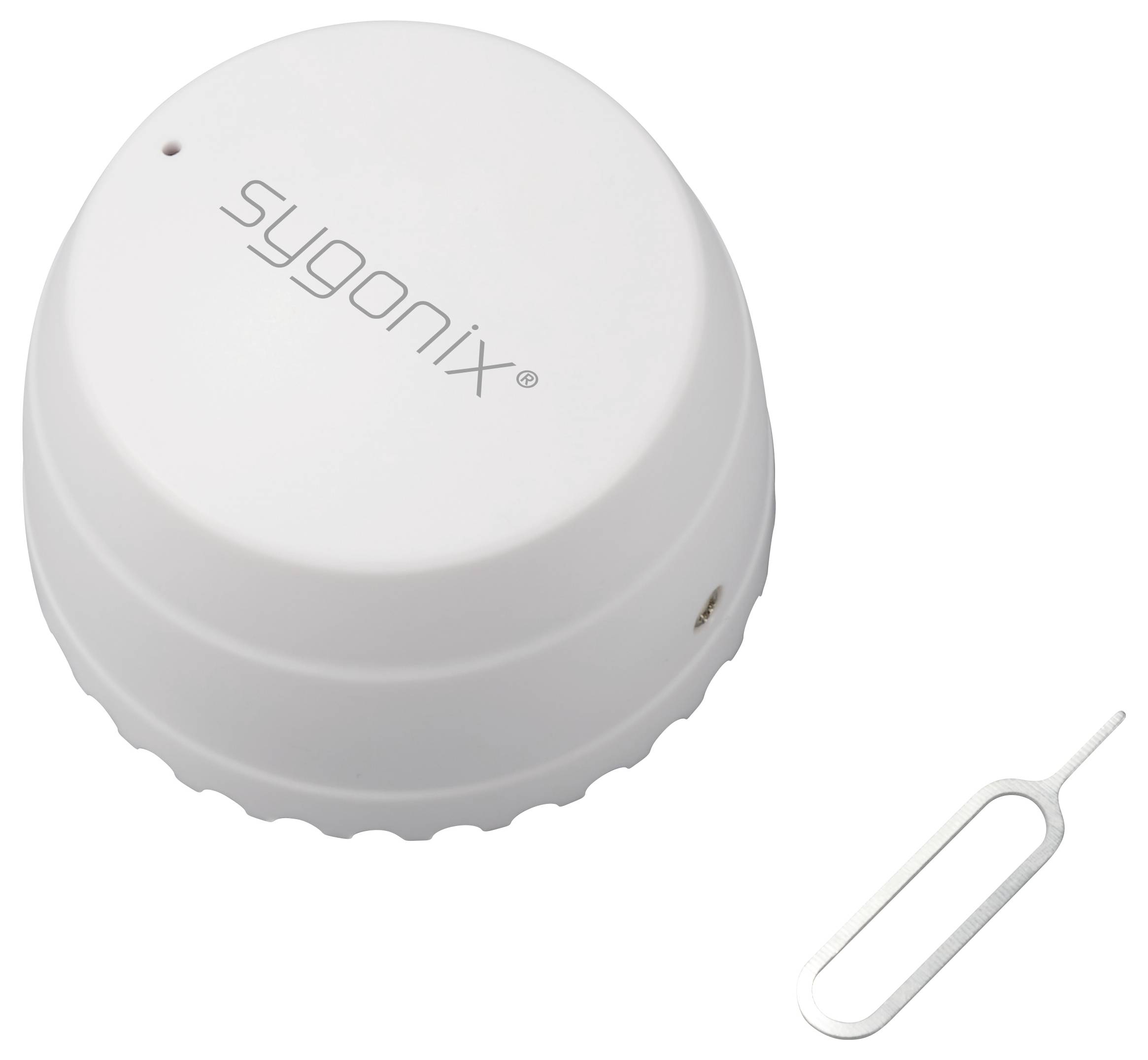 Biały, okrągły czujnik temperatury i wilgotności marki Sygonix obok narzędzia do wyjmowania karty SIM.