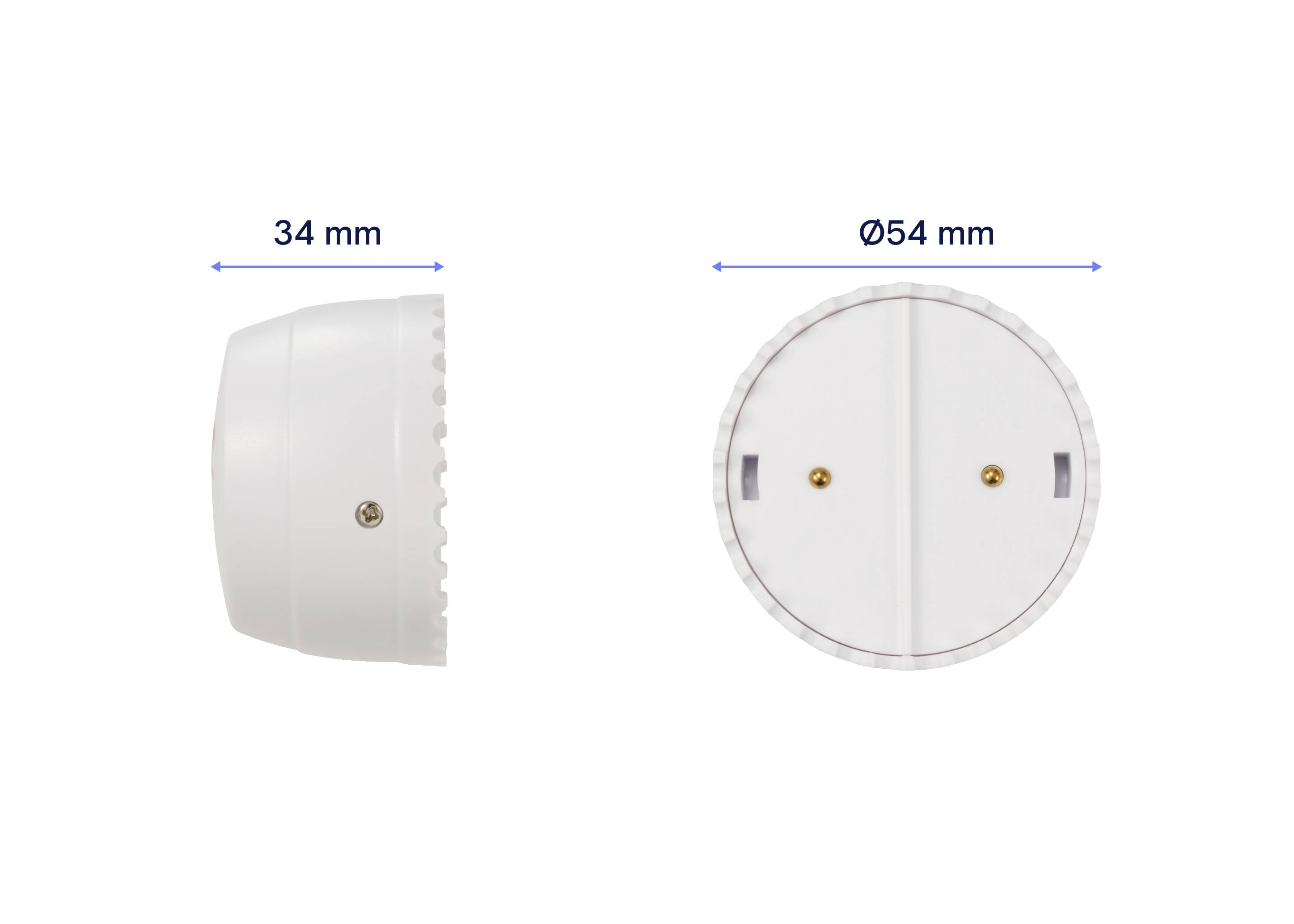 Widok okrągłego czujnika o wymiarach: średnica 54 mm, głębokość 34 mm. Przedstawia widok z boku i z przodu białego urządzenia.
