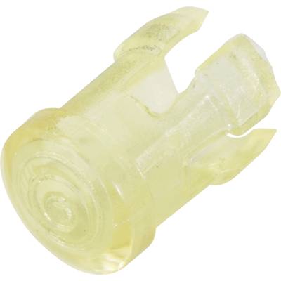 Plastikowy klips widziany z góry, przezroczysty i lekko żółtawy, z dwoma bocznymi wybrzuszeniami.