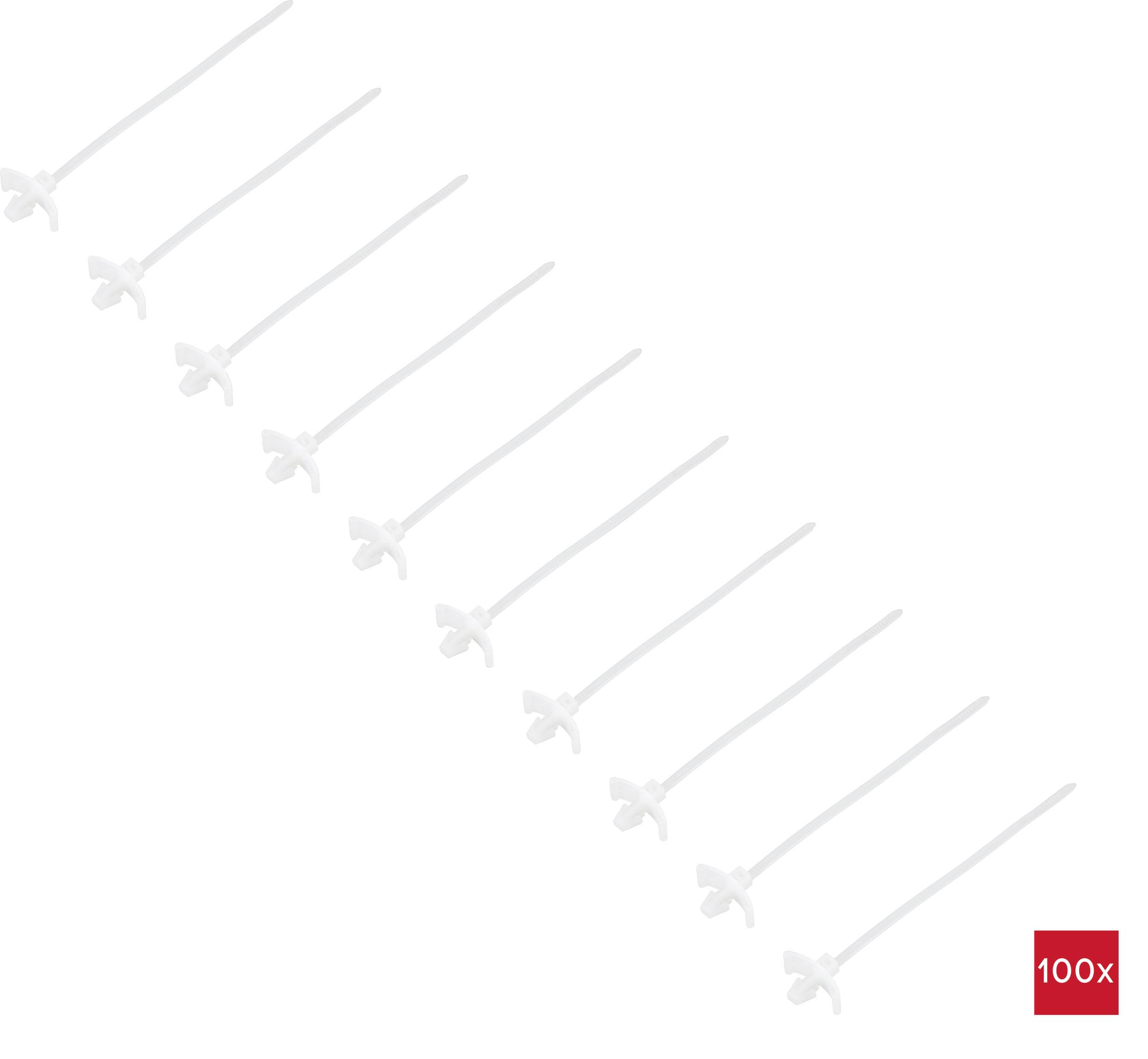 Dziesięć białych opasek kablowych ułożonych skośnie w kierunku górnym w prawo. W dolnym prawym rogu czerwony symbol z napisem '100x'.