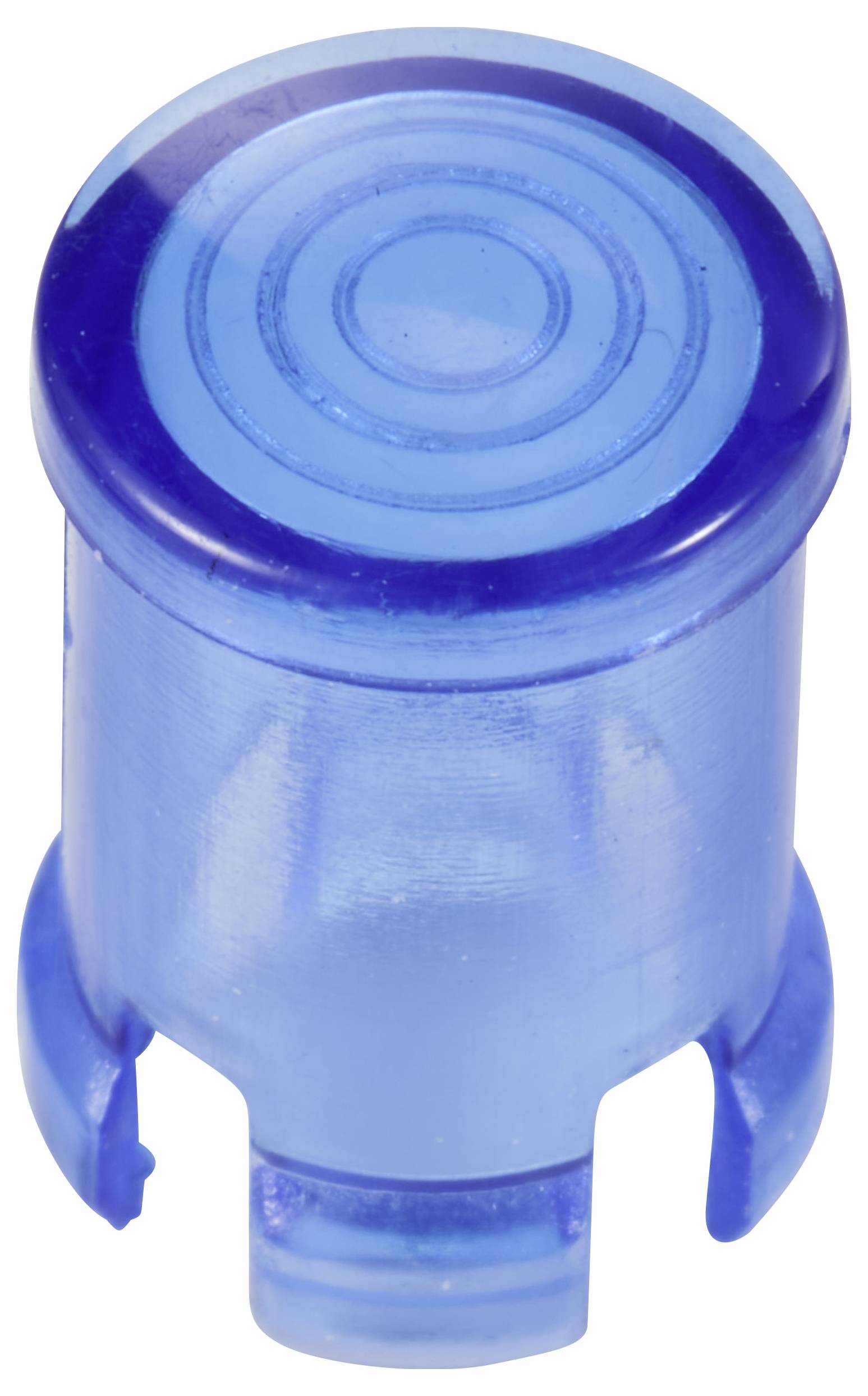 Niebieski, przezroczysty plastikowy korek z okrągłym wzorem na wierzchniej części, stosowany do uszczelniania lub zabezpieczania otworów.