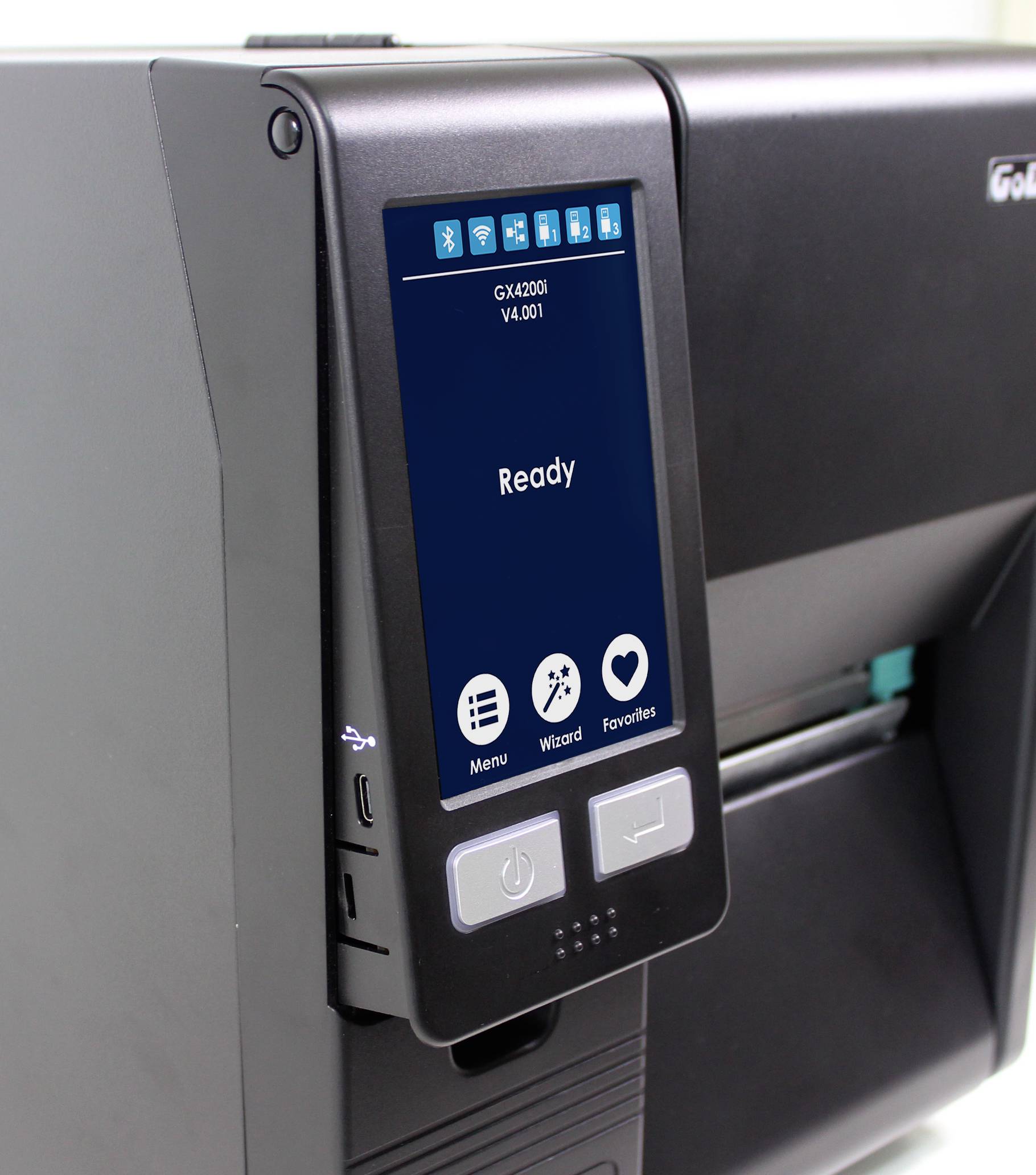 Drukarka z wyświetlaczem pokazuje status 'Gotowy'. Poniżej znajdują się przyciski menu, pomocy i ulubionych.