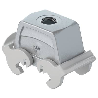 Szary adapter metalowy z dwoma elementami hakowymi po bokach. Górna powierzchnia posiada wpuszczony gwintowany otwór.