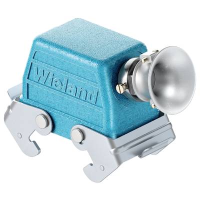 Niebieski wtyk przemysłowy firmy Wieland z wytrzymałą metalową obudową i srebrnym złączem. Przeznaczony głównie do połączeń elektrycznych.